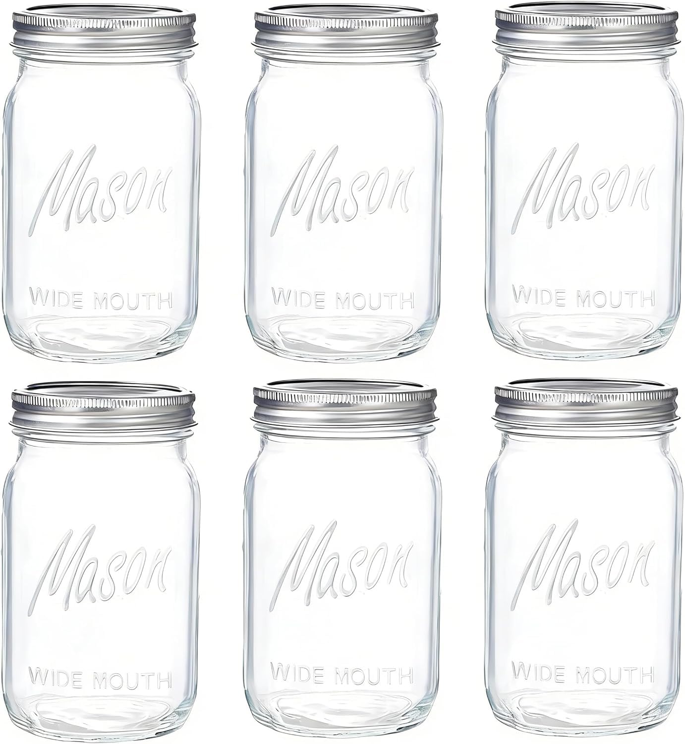 WELLIFE Wide Mouth Mason Jars, 6 Pack Mason Jars 32 oz for Pickling, Canning, Fermenting and Food Storage, Microwave & Dishwasher Safe