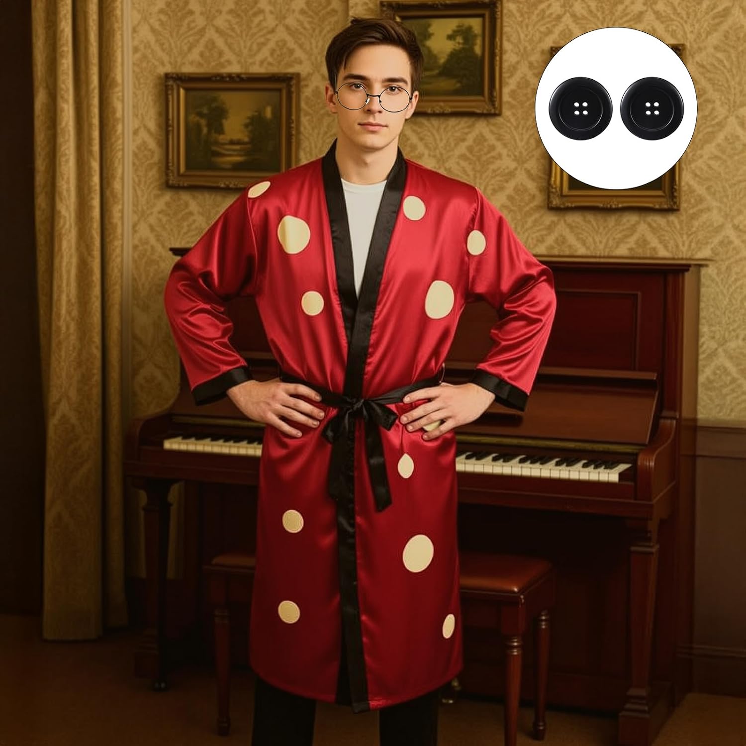 Chicingyou Halloween Father Costume Set Including Button Eyeglasses, Red Silk Robe Jacket, Polka Dot Yellow Sticker Horror Movie Costume for Men Cosplay