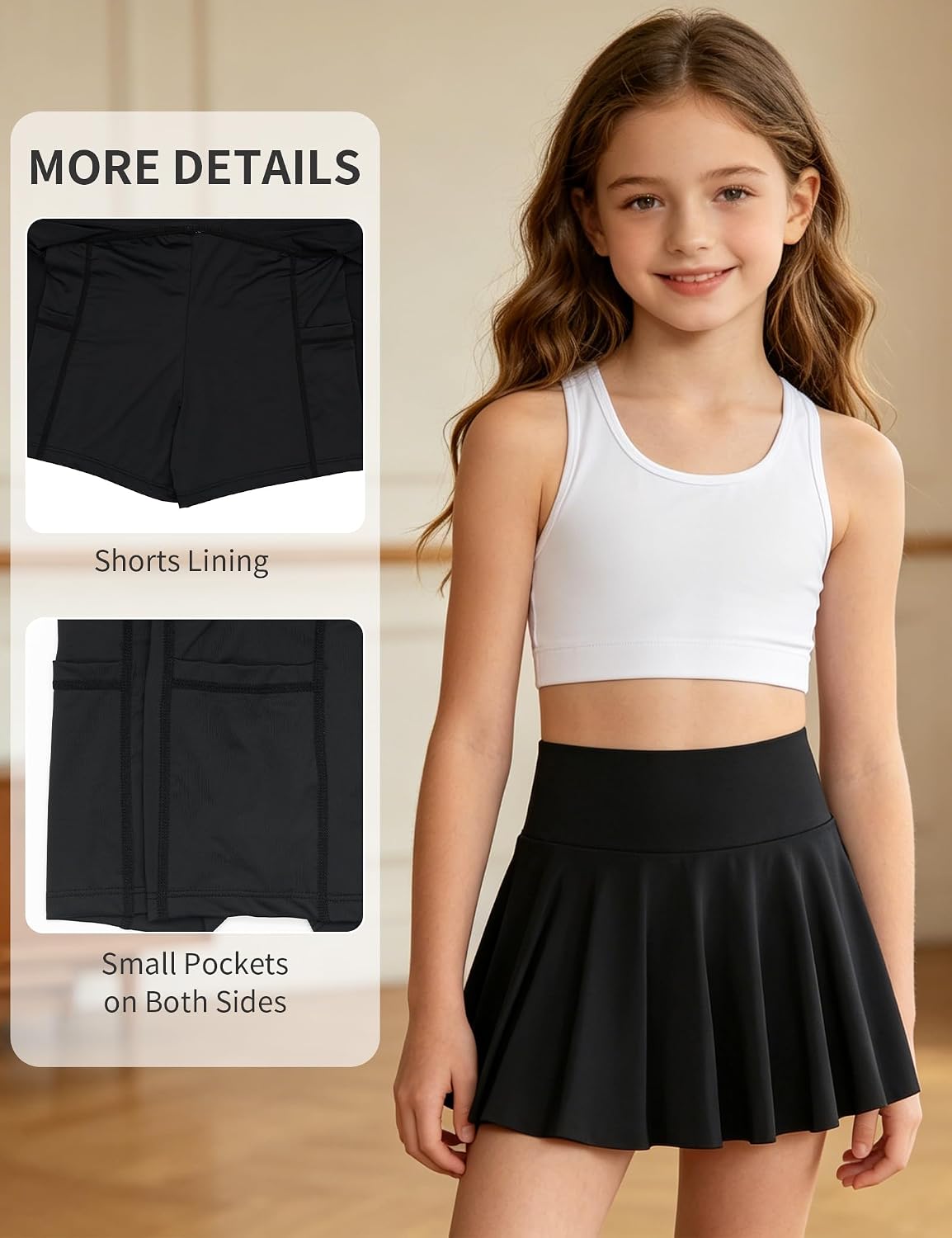 Girls Tennis Skirts Built in Shorts Pleated Athletic Skirt Summer Flowy Skort with Pockets for Kids 7-14 Years