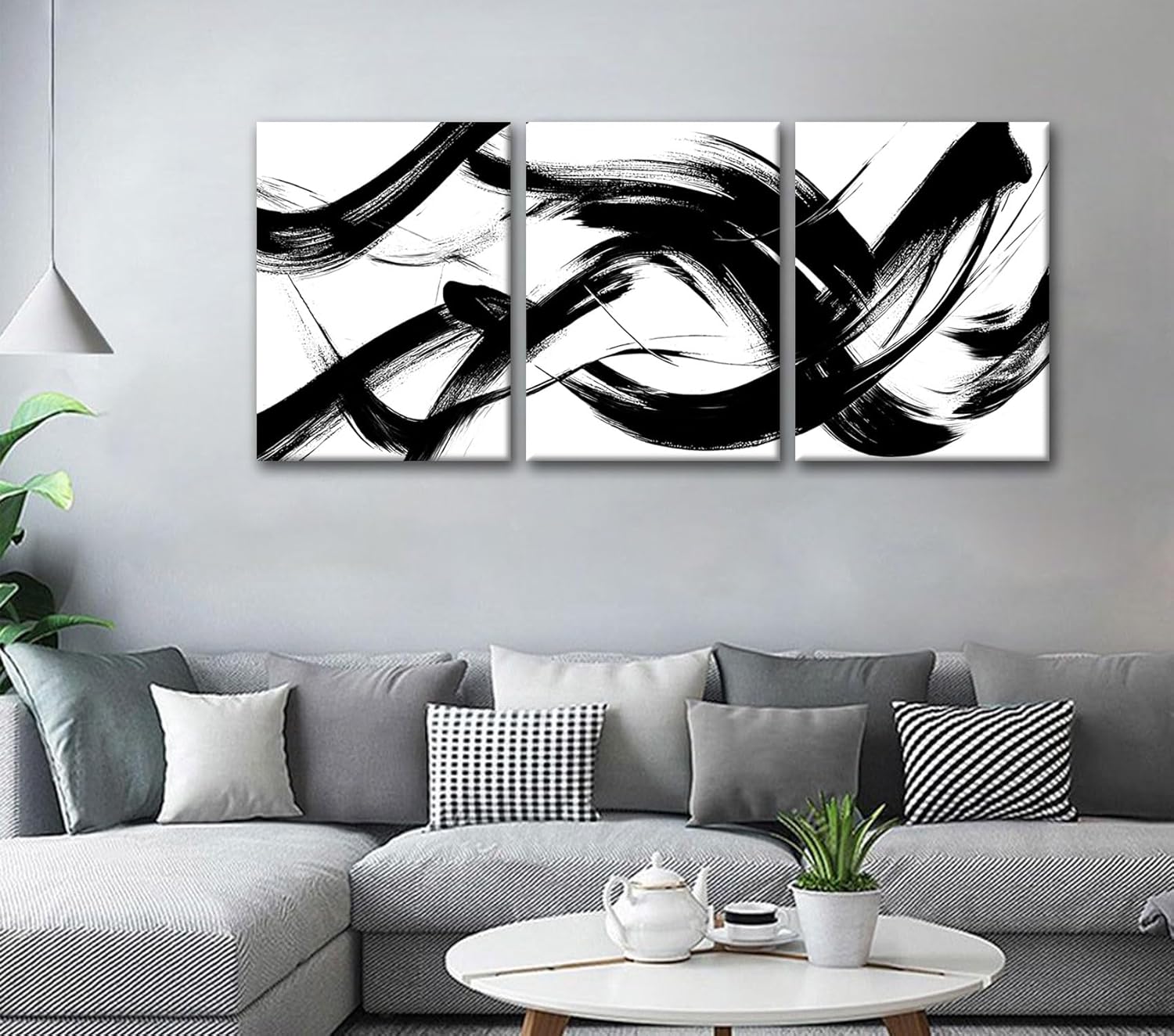 RUURUU 3Pcs Framed Black and White Abstract Wall Art Black Lines Canvas Wall Decor Brush Stroke Pictures Modern Minimalist Gallery Posters Paintings Prints For Living Room Bedroom Home Office 12x16 Inches
