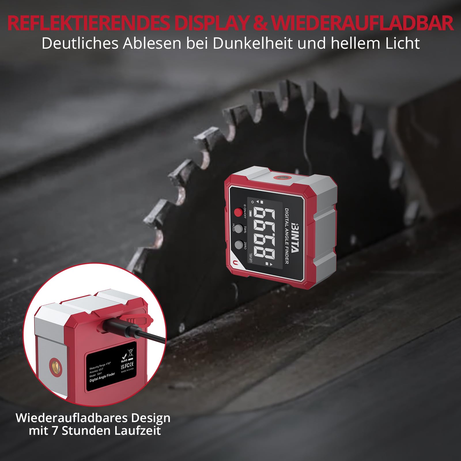 BINTA Digitaler Winkelmesser Neigungsmesser Laser Wasserwaage mit LCD Display, Wiederaufladbares IP54 Wasserdicht Magnetisch Nivellierbox Level Box für Holzarbeiten, Bau, Dekoration, Heimwerker
