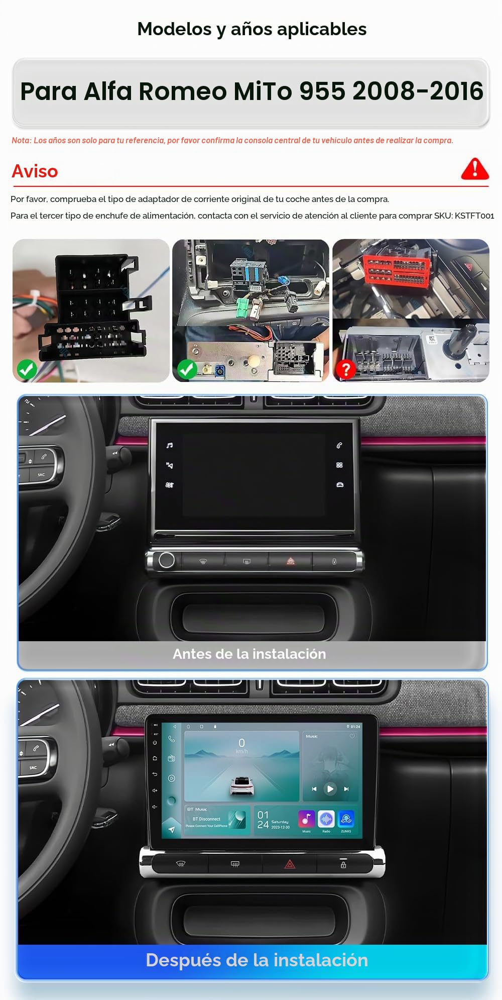 Radio de coche Android 14 de 9 pulgadas para Alfa Romeo MiTO 955 2008 – 2016, compatible con Carplay inalámbrico/Android Auto, control del volante, WiFi/4G, FM 4 núcleos, 2 GB y 64 GB