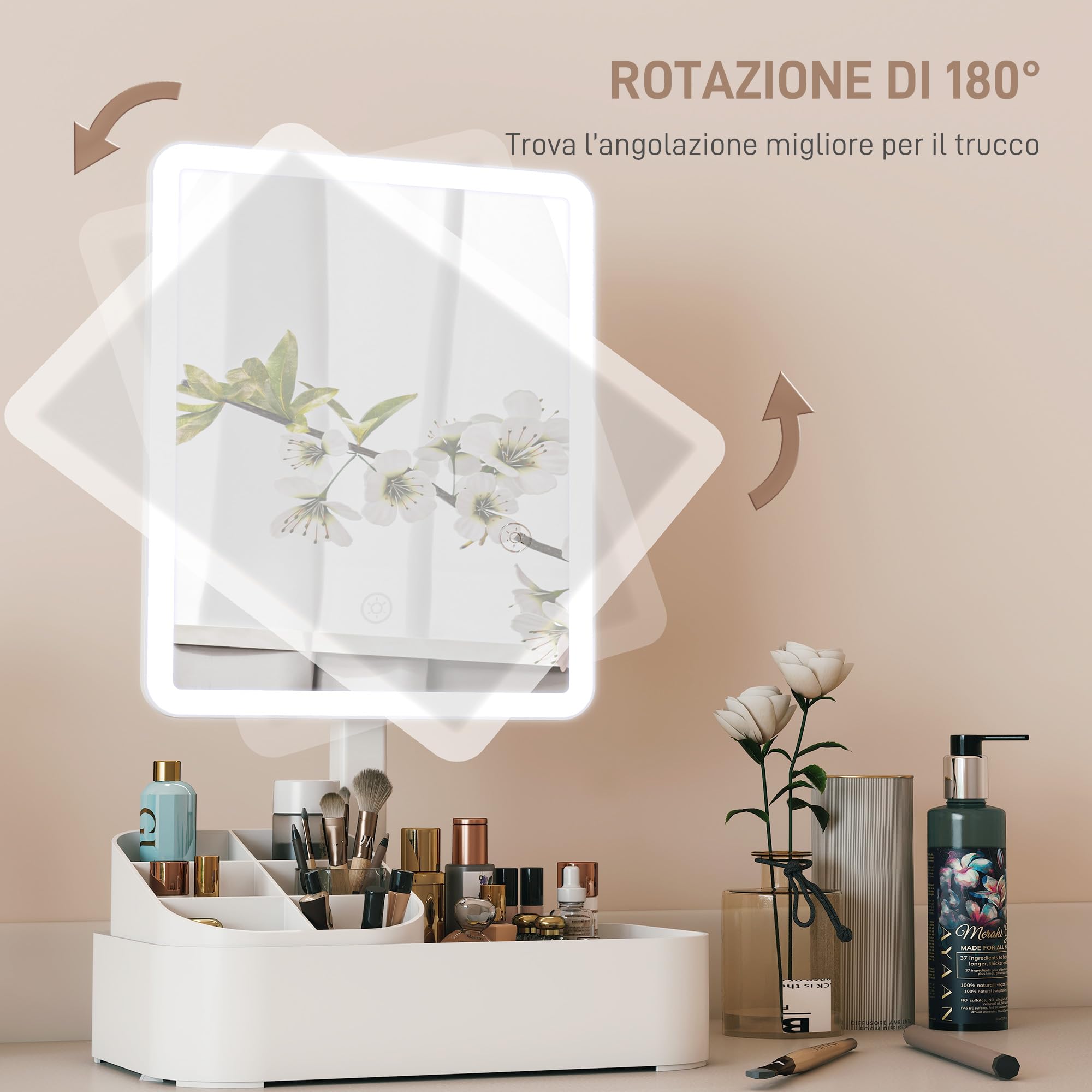 HOMCOM Specchio da Trucco con Luce Dimmerabile, Specchio Illuminato con Regolazione Touch, 2 Modalità di Illuminazione, Rotazione 180°, Specchio Rimovibile e Organizer per Trucchi, Bianco