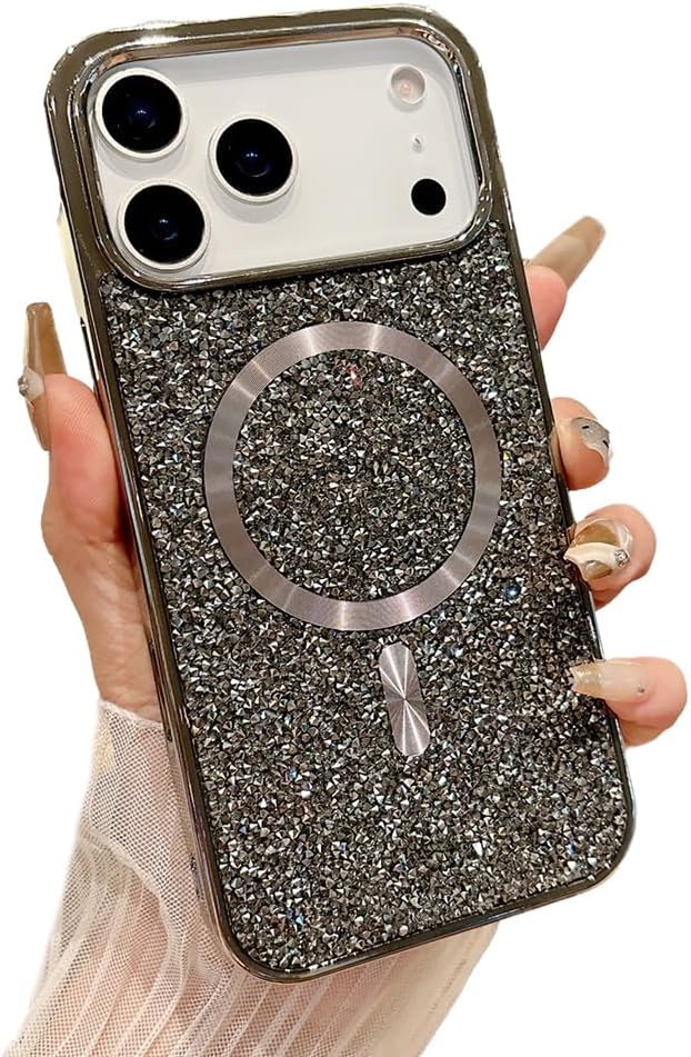 for iPhone Case,Luxury ElectroPlated Frame Glitter Sparkle Sparkly Rhinestone [Compatible with MagSafe] Soft Shockproof Phone Case (iPhone 17 Pro Max,Grey)