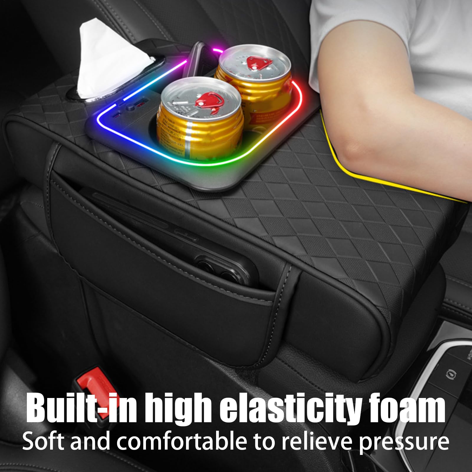 Générique Car Armrest Organizer, Multipurpose Storage Box, supporto ad alta elasticità, supporto per cuticole, built-in Cup and Tissue Holders, Comfortable Driving Accessory, 36,5 x 19,5 x 8 cm