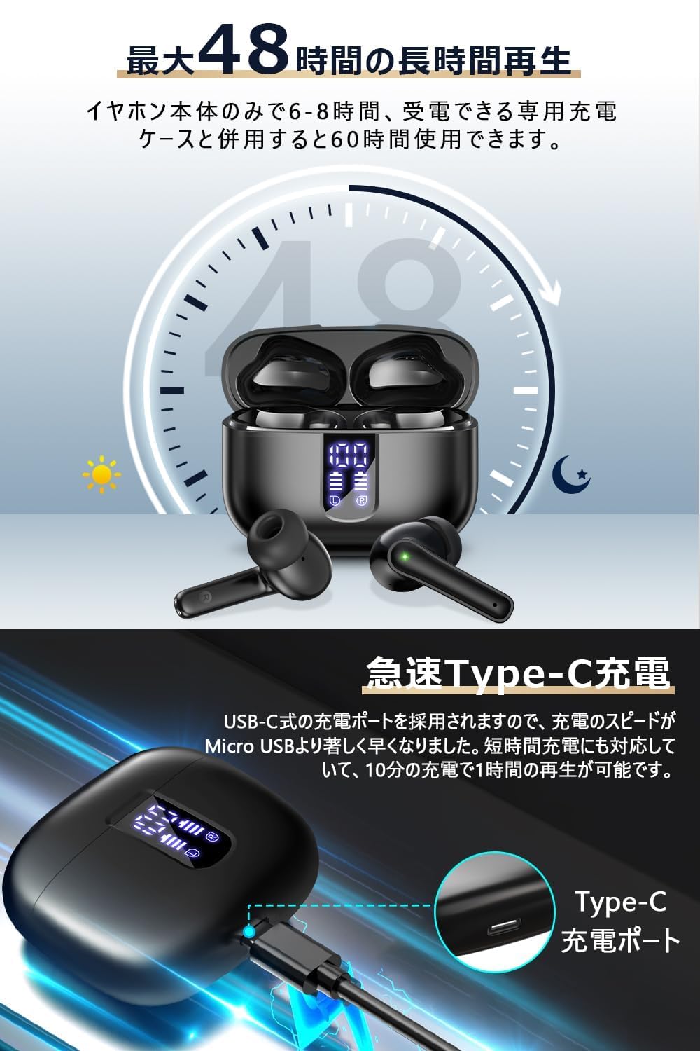 Amazon.co.jp: Bluetooth イヤホン LED バッテリー表示 ワイヤレス