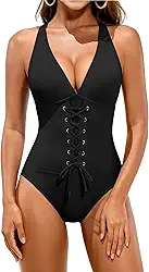 Maiô feminino com controle de barriga emagrecedor, push up, com cadarço e gola V, roupa de banho modesta