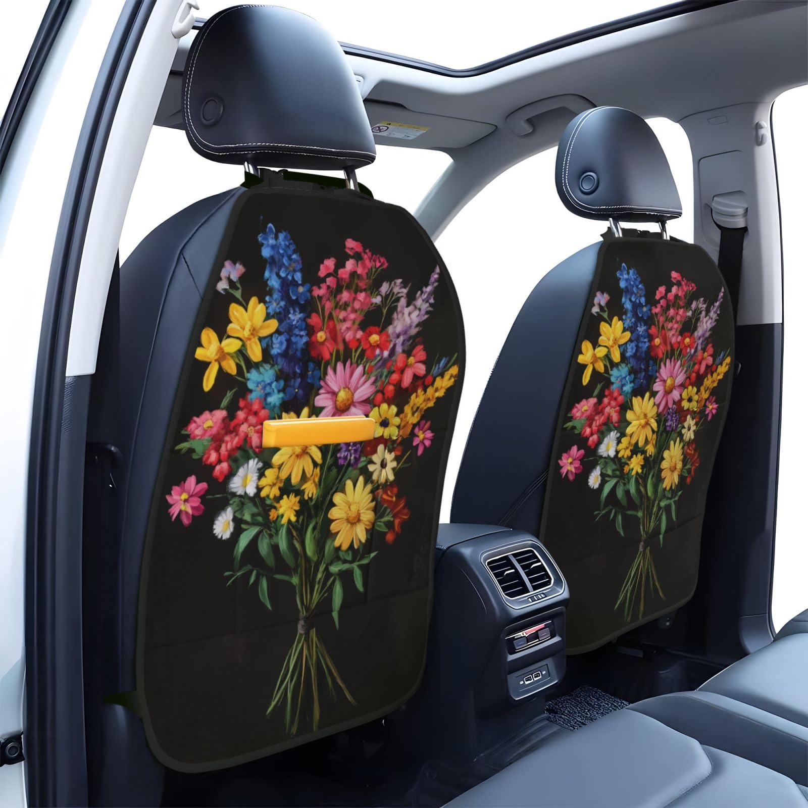 Colorful Flower Bouquet Car Seat Back Kick Protectors,2 Pack Kick Mats With Storage Pockets For Vehicles To Protect From Dirt Mud Scratches