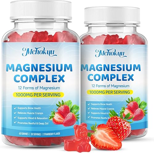 Gomitas de complejo de magnesio, suplemento de complejo de magnesio 12 en 1, 1000 mg - Glicinato mag, citrato, malato, taurato - Alta absorción para