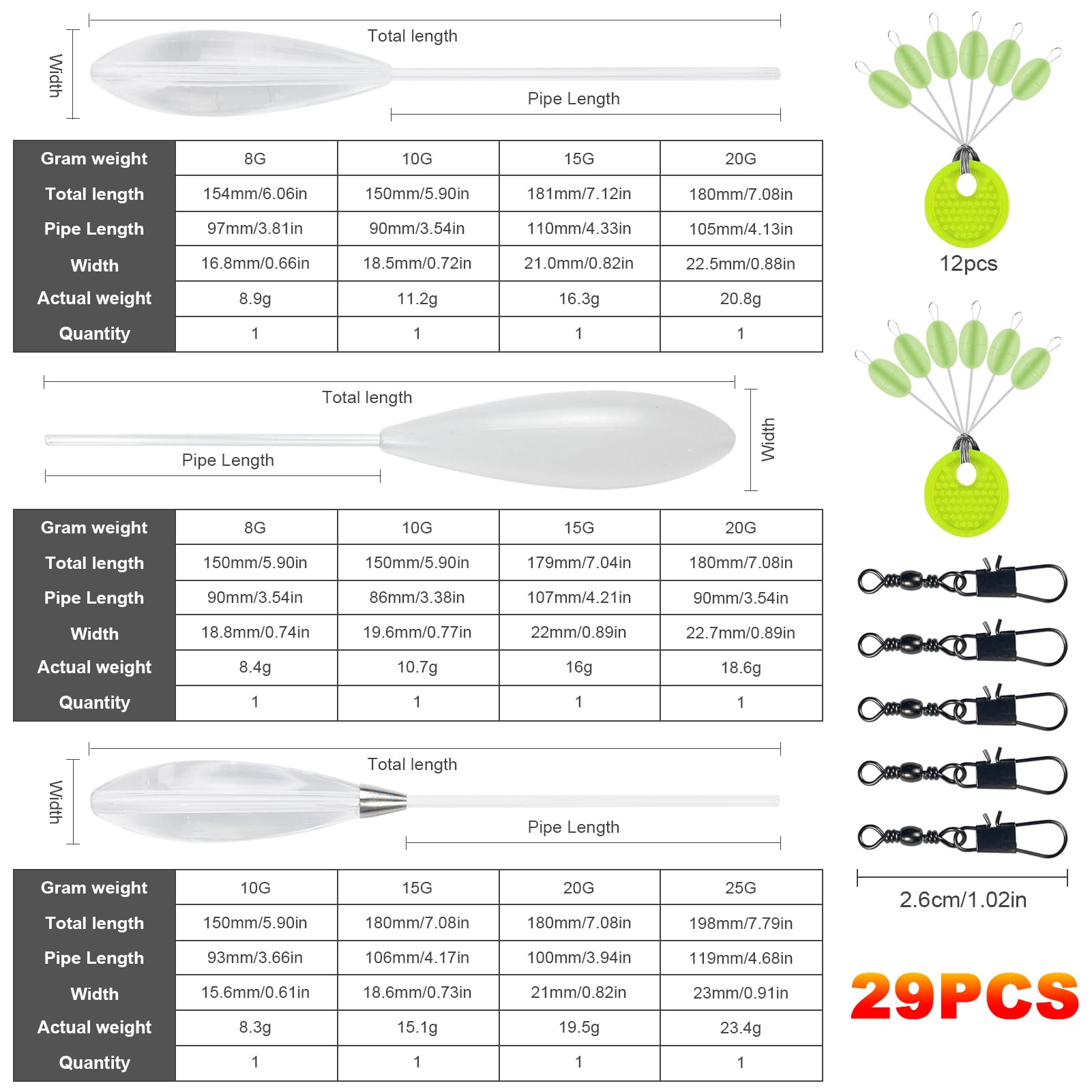 FREE FISHER 29Pcs Fishing Clear Casting Bobbers Kit, Bombarda Casting Sinking Floats Rubber Bobber Stoppers Swivels Snaps Accessories Kit Fly Fishing Spinning Floats