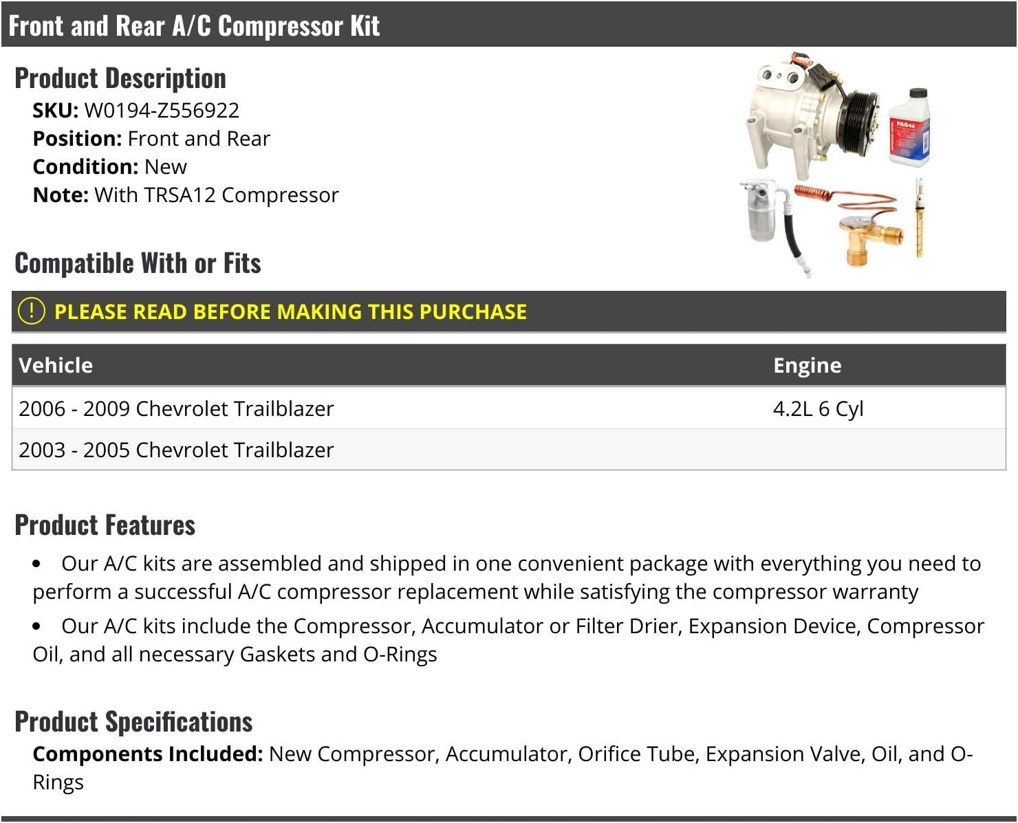 Front and Rear A/C Compressor Kit - with TRSA12, Accumulator, Orifice Tube, Expansion Valve, Oil - Compatible with 2003-2009 Chevy Trailblazer 4.2L 6-Cylinder