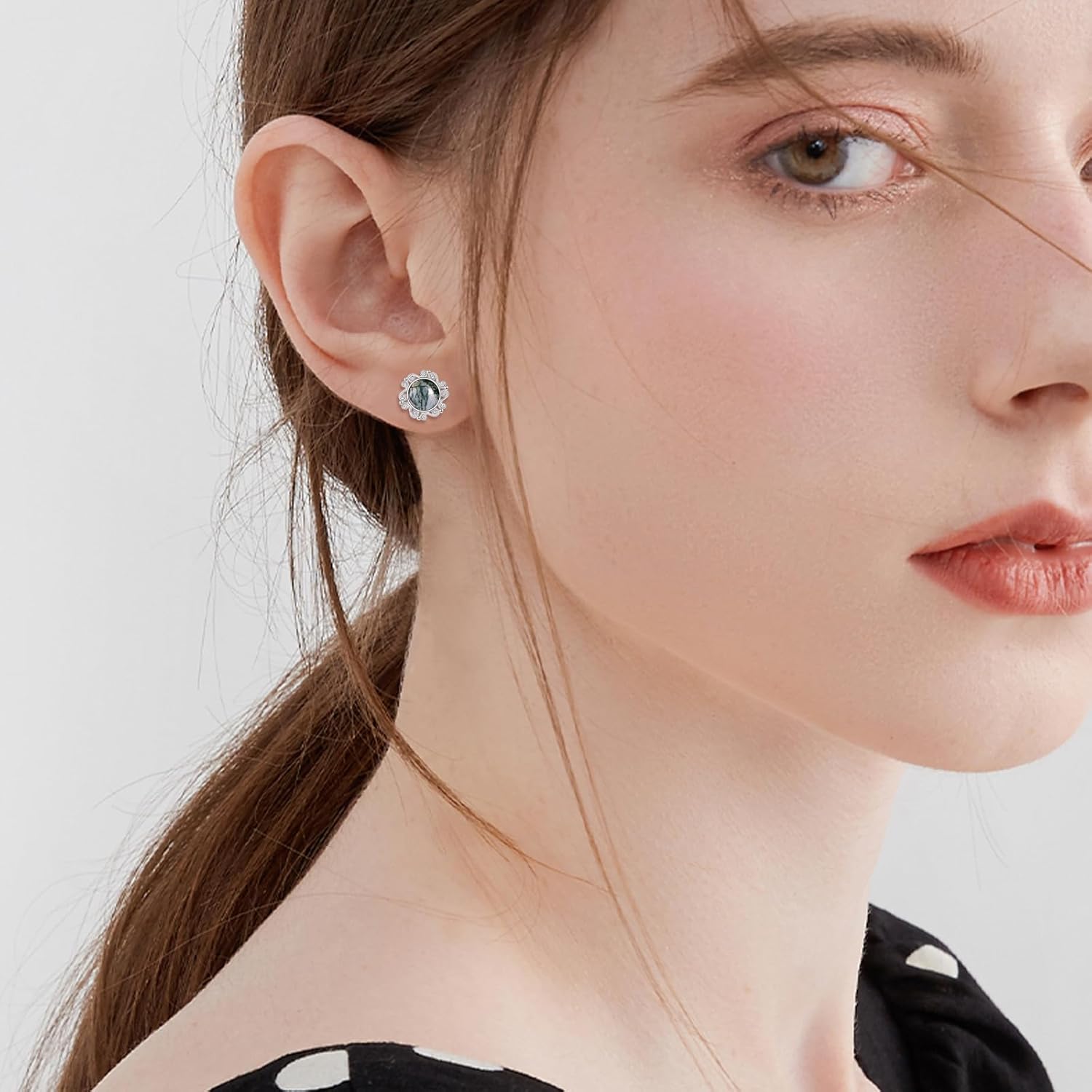 Sterling Silver Lapis Lazuli/Larimar/Black Onyx/Moonstone/Moss Agate/Emerald/Pink Opal Stud Earrings Boho Jewelry Christmas Gifts for Women Girls