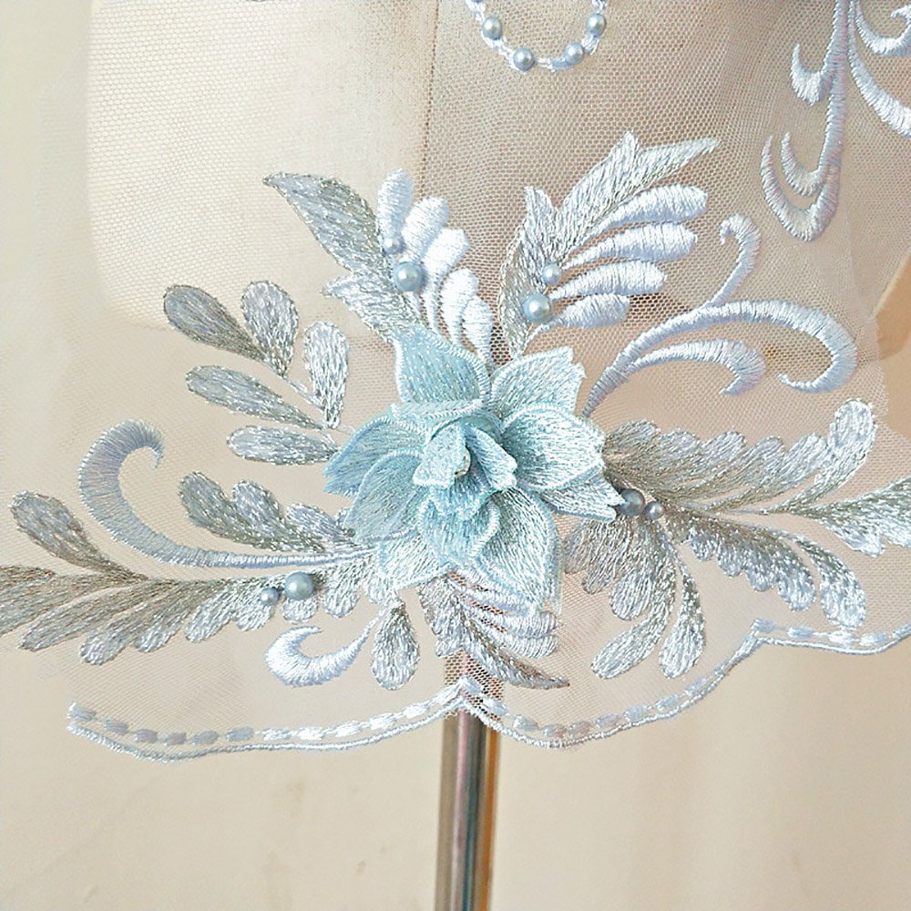 Applique 3D En Dentelle Florale Bleu Saphir Avec Perles Brodées à Coudre Motif Mariage Pour Robes Lyriques Costumes
