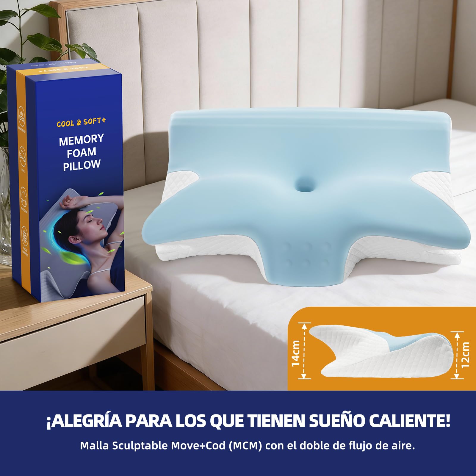 Almohada Cervicales y Cuello 2 en 1, Almohada Ergonómica, Almohada Ortopedica Cervical para Soporte de Hombro/Cuello/Cabeza de Lado, Espalda y Estómago 60x43x14/12cm Azul
