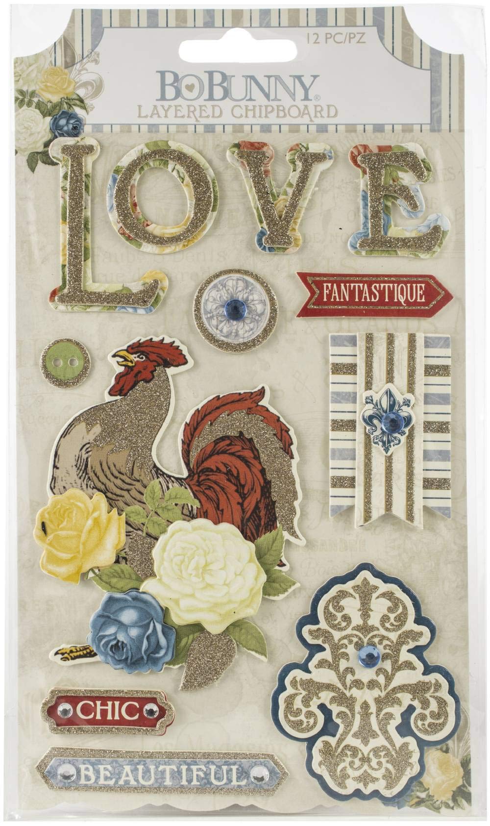 American Crafts Boulevard Adhesive Layered Chipboard 12/Pkg-W/Silver Glitter Accents