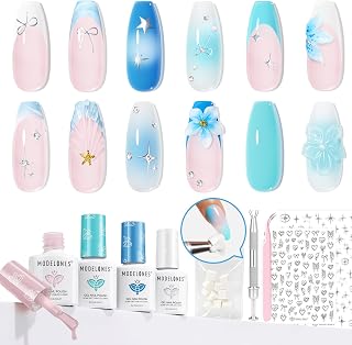 modelones Gel Nail Polish Kit White French Jelly Pink Pastel Blue Ocean Gel Polish Set with 10 Pcs Nails Sponge for Ombre & Stickers, 4 Colors Gel Mini Salon Home DIY Trend Manicure Gift for Women