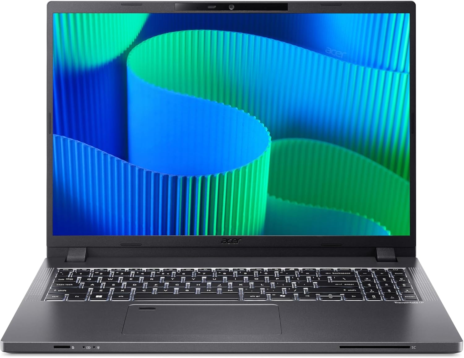 Acer TravelMate P2 16 inch laptop, front view with screen displaying a colorful abstract pattern.