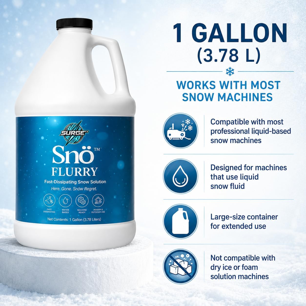 SurgeFX Snow Machine Fluid – Quick Dissipating Extra Dry Formula Snow Juice for Fake Snow Machines & Indoor/Party Snow Makers, 1 Gallon