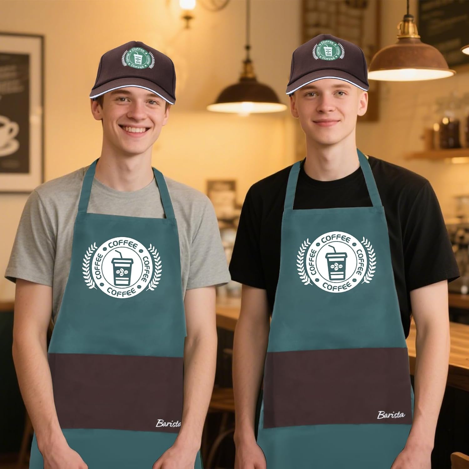 2 Set Barista Costume Kit, Green Barista Couple Costume Green Apron and Brown Hat for Man Women Halloween Fancy Party Supplies Kitchen Cooking
