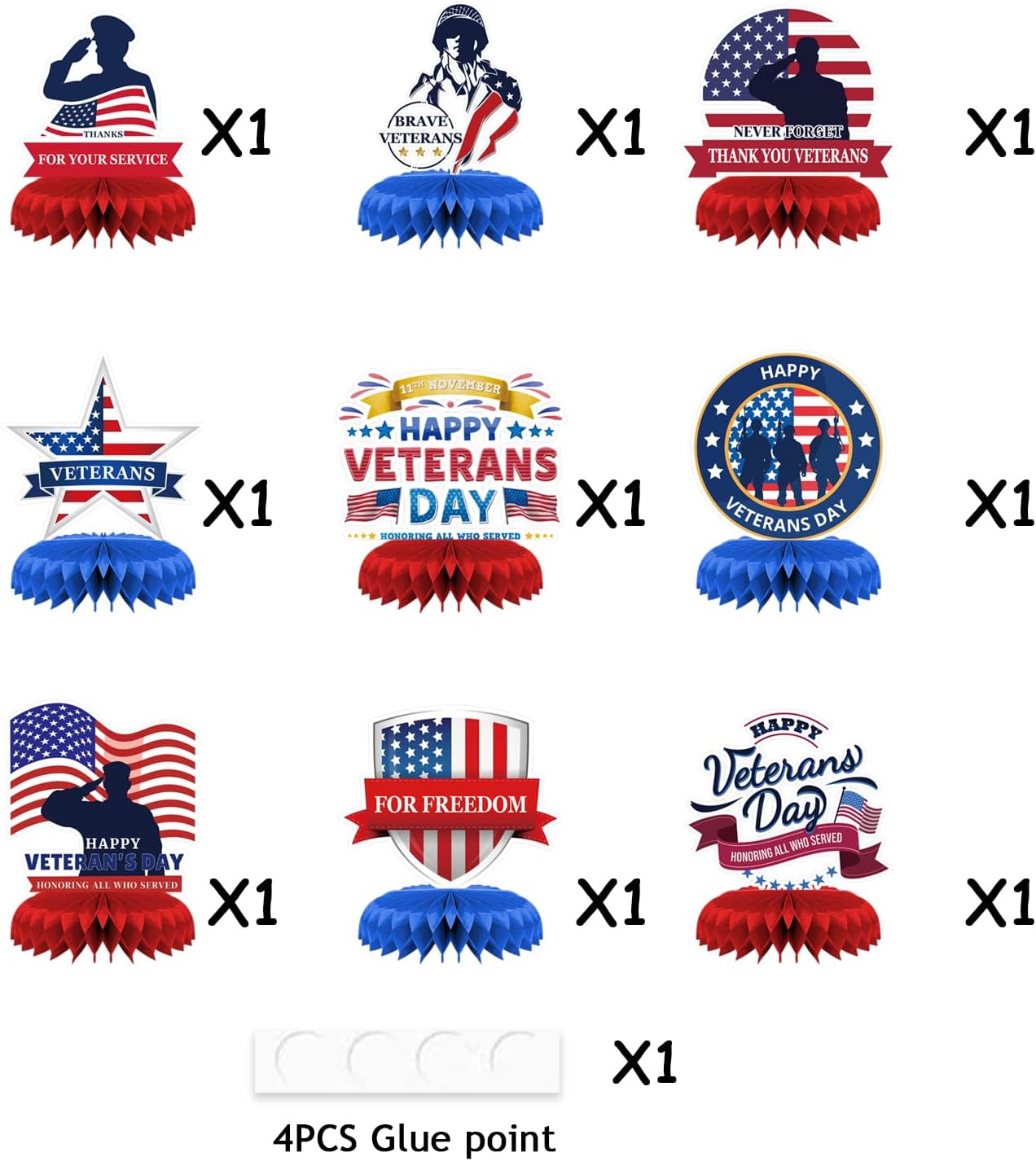 Veterans Day Honeycomb Centerpieces, 9 PCS 3D Happy Verterans Day Table Toppers, Patriotic Red White Blue Table Decorations for Thank You Veterans, American National Holiday Home Party