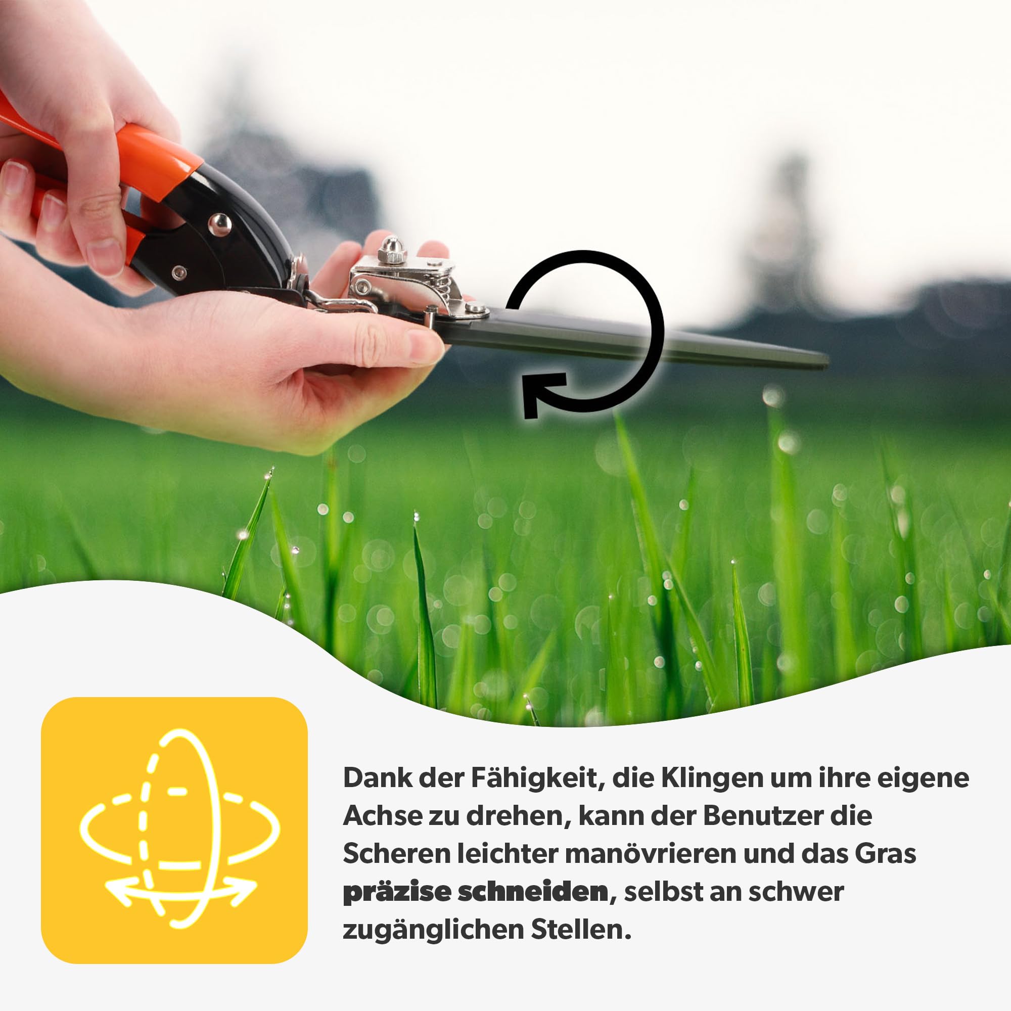 KADAX Grasschere, Rasenschere, Stahl-Klingen, Kunststoff-Griff, Länge: 33 cm, antihaftbeschichtet, drehbare Handgrasschere, hochwertige Schere, handliche Rasenkantenschere