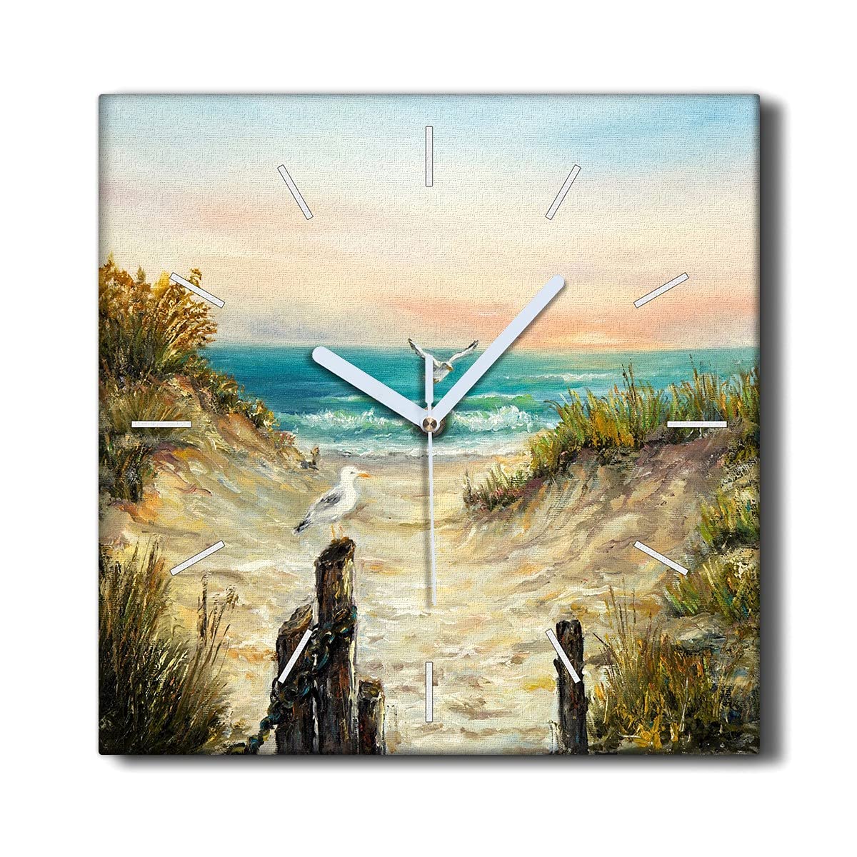 Horloge sur toile sans tic-tac 30x30cm déco murale salon motif paysage mer et plage