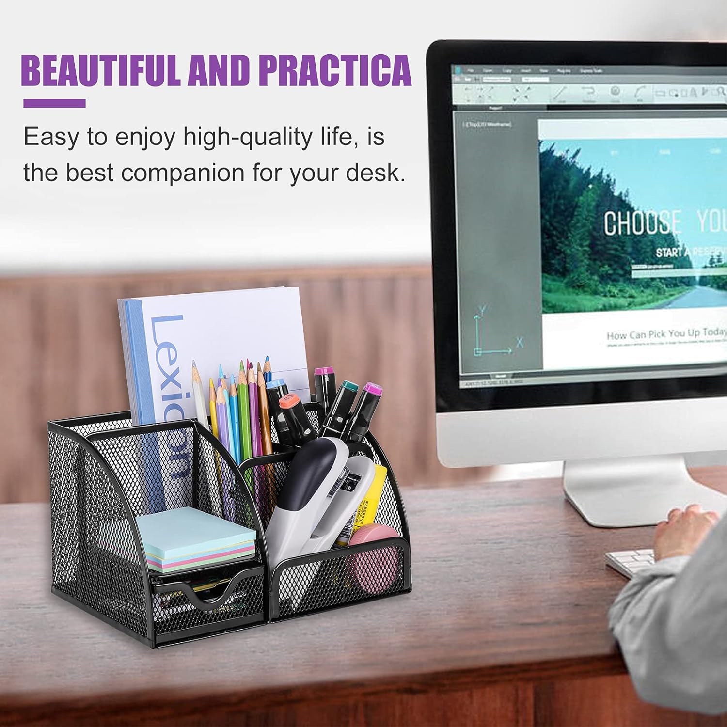 Desk Organizer Desk Accessories Multi-Functional Mesh Desk Organizers 6 Compartments+ 1Drawe for Home&School Office Supplies Accessories (Black) : Office Products