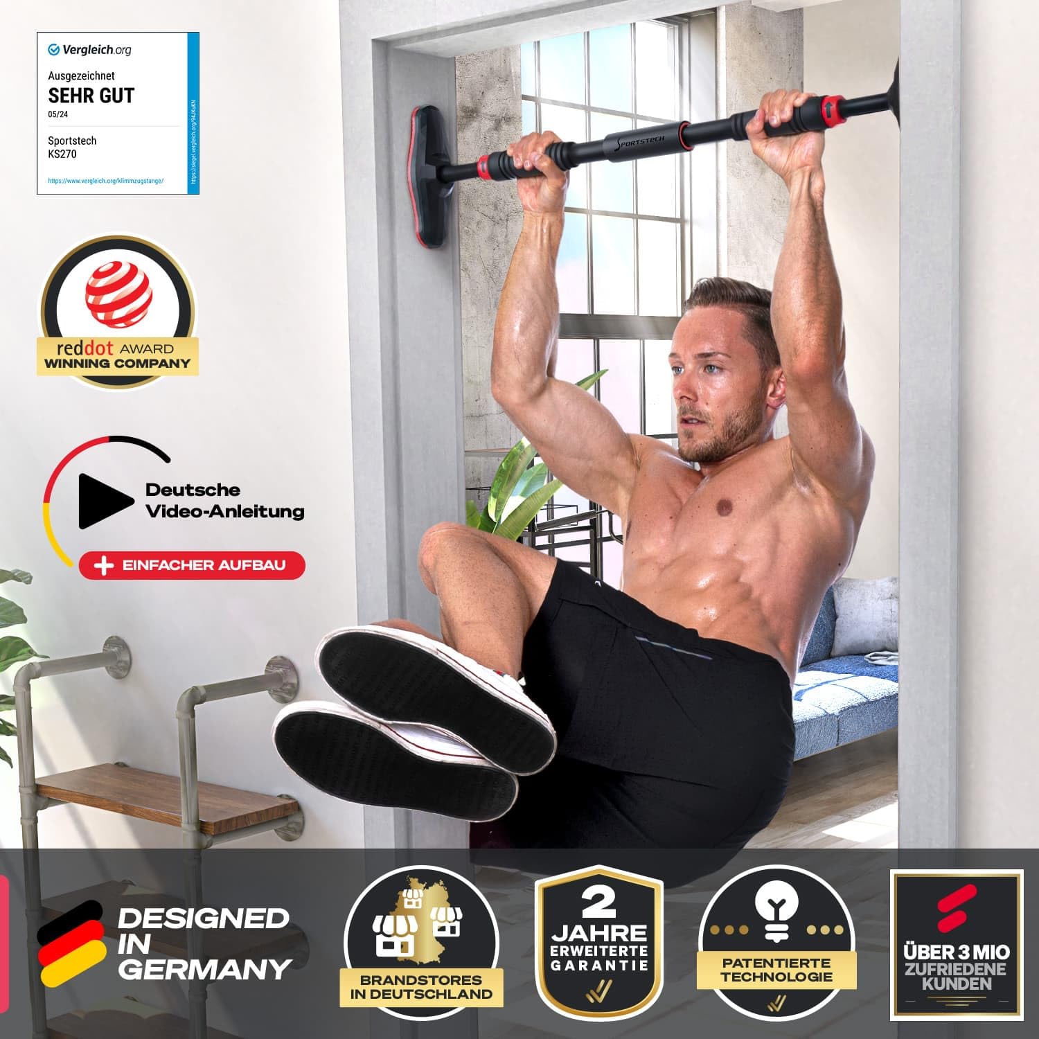 Klimmzugstange Türrahmen ohne Schrauben – Pull Up Bar mit Gear-Lock | bis 150/200 kg, anpassbar bis 90 cm | Türreck für Klimmzüge, Dips & Calisthenics zuhause | SPORTSTECH KS260 / KS270 inkl. eBook