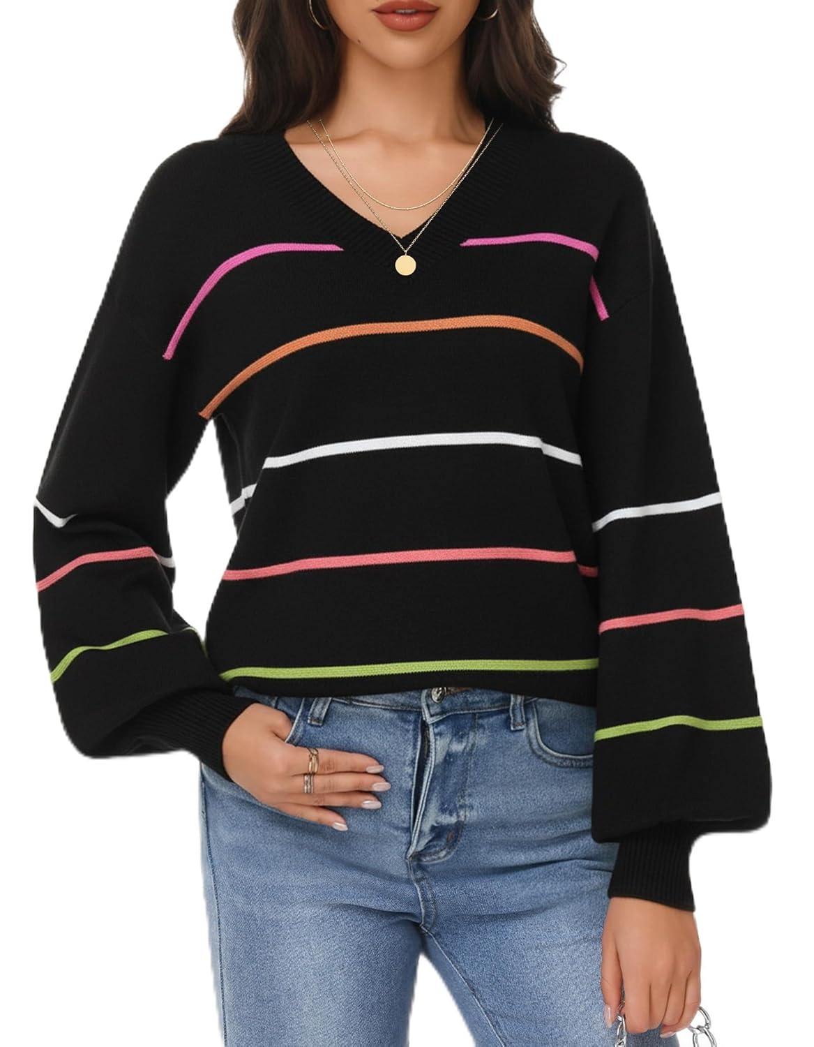 Women Long Sleeve Sweaters V Neck Striped Lightweight Sweater Lantern Sleeve Knit Loose Fit Pullover Top