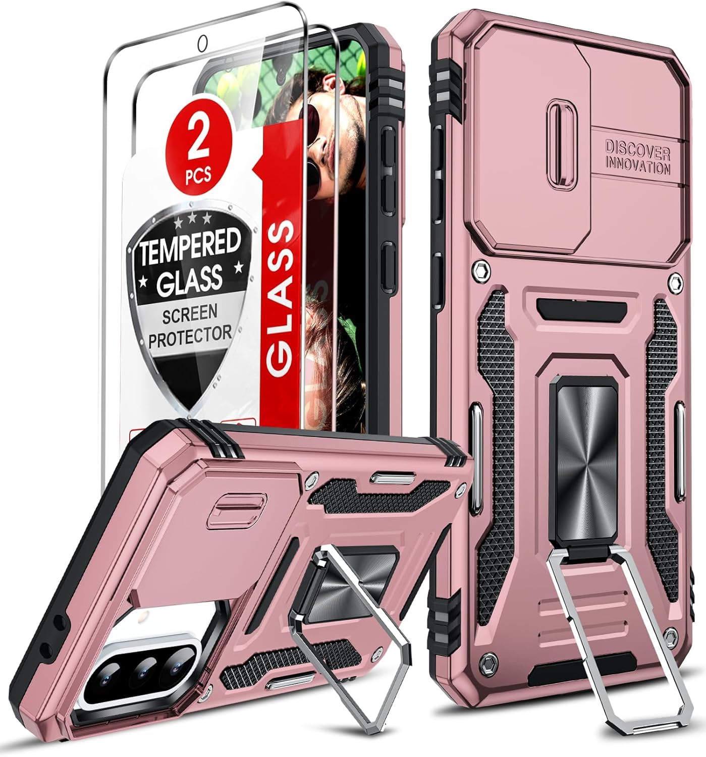 LeYi Samsung A36 A56 5G etui z 2 x szkło hartowane etui ochronne na aparat [Slidable] z pierścieniem podtrzymującym, odporny na wstrząsy futerał TPU do Samsung Galaxy A 56/36, różowe złoto