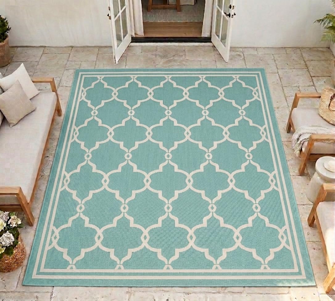 Lord of Rugs Indoor Outdoor Rug Terrace Spanish Tile Pattern Garden Trellis Patio Living Room Kitchen Flatweave Rug Aqua Blue XX-Large 240x340 cm (8'x11'2")
