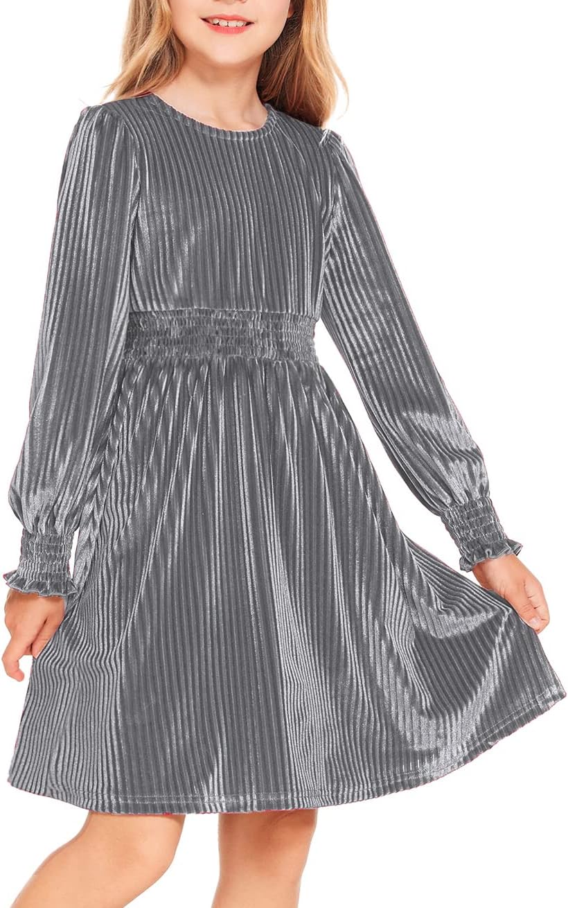 Arshiner Girls Long Sleeve Dress Velvet Crew Neck Midi Fall Vintage Plain Dress for Kids 4-13Y