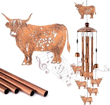 Women Highland Cow Wind Chimes for Outside Metal Windchimes Cow for Women, Men Birthday,New Home Gifts Garden Decor for Outside, Patio or Yard, Durable Chimes for Outdoors