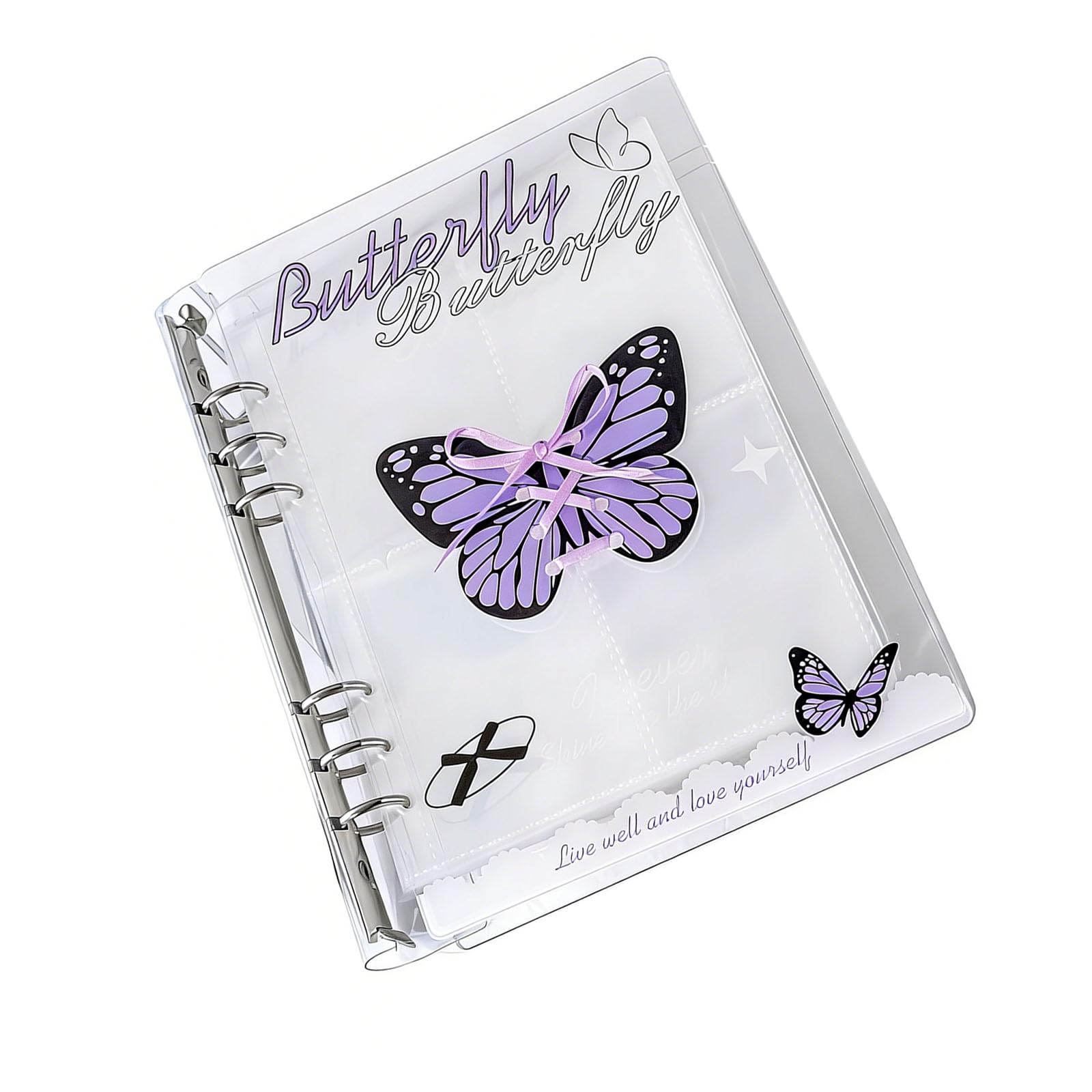 6Rings Refillable Photo Album Acrylic Binder Cover with Ribbon Bowknot Accent Photocard Holders with 20 Clear Page Phhoto Collection Album