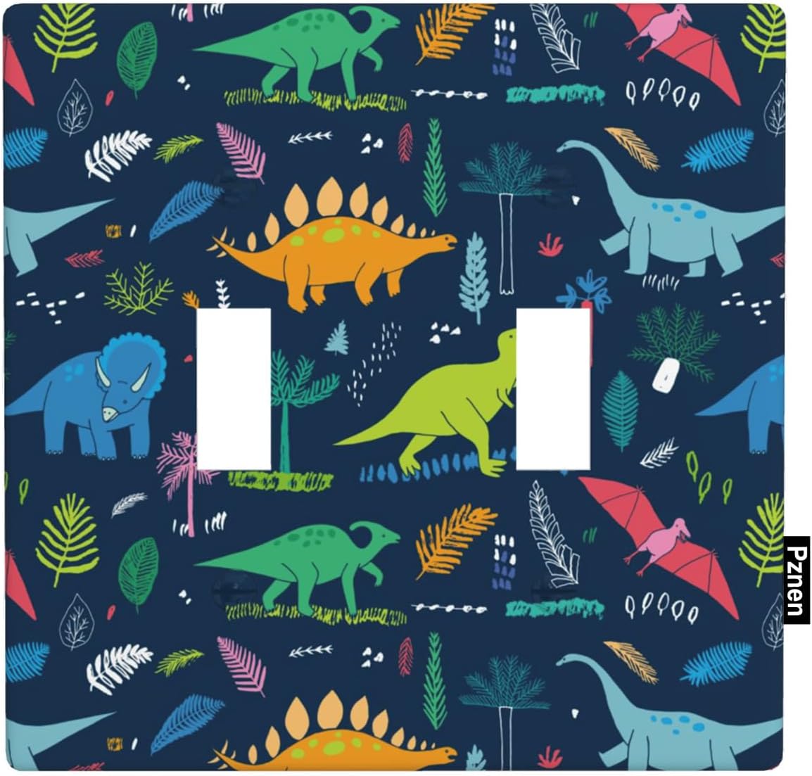Dinosaur 2 Gang Wall Plate Colorful Dinosaurs Navy Blue Double Toggle Light Switch Cover Electrical Switchplate Decorative Faceplate Standard Size for Kitchen Bathroom