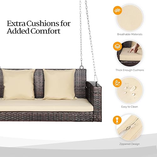 Miniatura 3 de VINGLI Columpio colgante de mimbre resistente de 800 libras con cojines y cadenas, banco de columpio de ratán para exteriores de 4 pies para jardín,