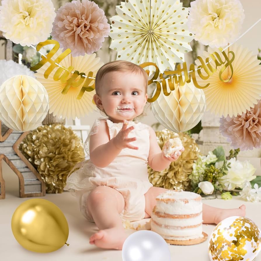 Décoration Anniversaire Beige Doré - 37 Pièces - Pompons, Guirlandes, Ballons - Réutilisable