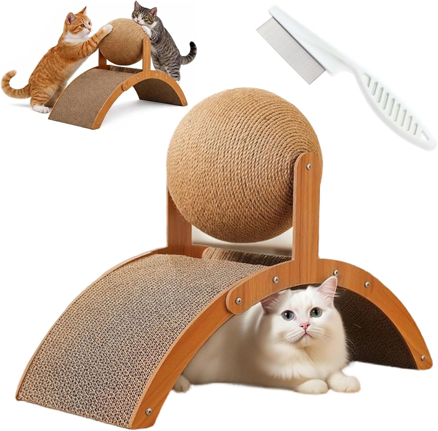 Cat Scratching Ball on Stand, 2-in-1 Interactive Sisal Cat Scratcher Toy with Arch Bridge and 360° Rotating Sisal Ball Protects Furniture & Rugs for Indoor Cats Kittens (L)