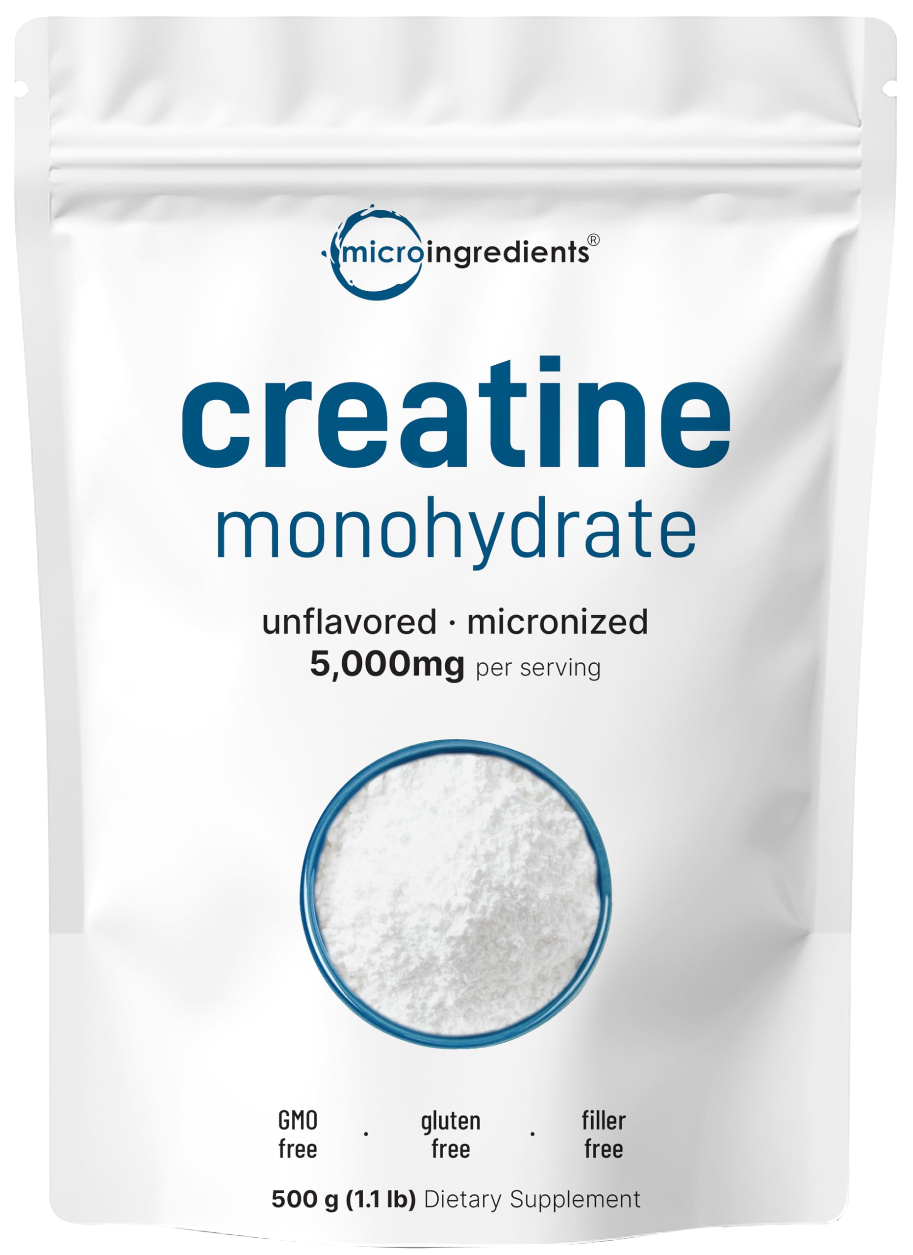 Instant Creatine Monohydrate Powder 500 Grams (1.1 Lb), 5000mg Per Serv, Micronized Creatine Powder, Unflavored, Pure, No Filler, Keto & Vegan, Easy Dissolve Pre Workout for Women and Men