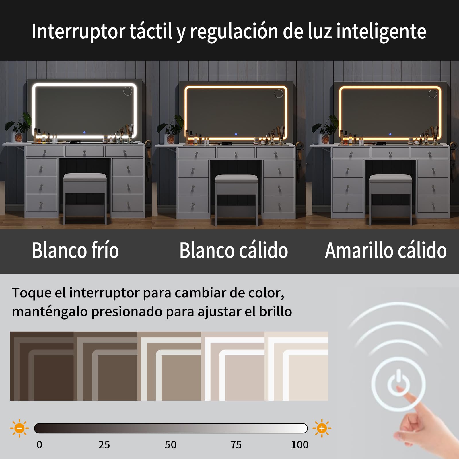 Yanosaku Tocador de Maquillaje con Espejo LED y Taburete, 9 Cajones, Mesa de Cristal y Tomas de Corriente, 3 Modos de Luz Regulables, Panel Plegable, Tocador Moderno Blanco para Dormitorio