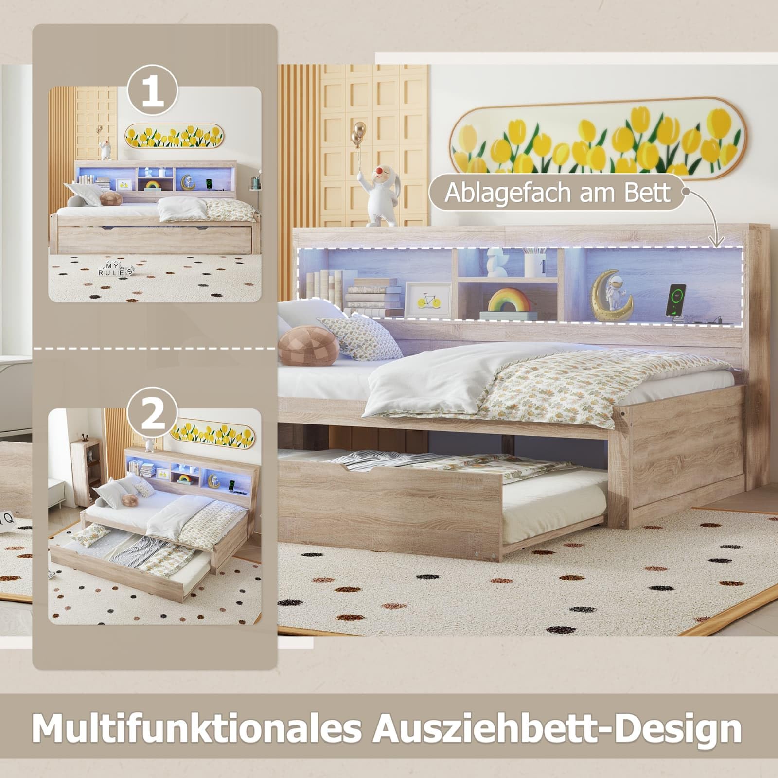 PUGSDRLY Canapé Lit 90x200cm avec lit gigogne 90x190cm,Canape lit 1 Places avec LED,USB et Prise électrique,Compartiment de Rangement Côté,sans Matelas (Nature, 90x200)