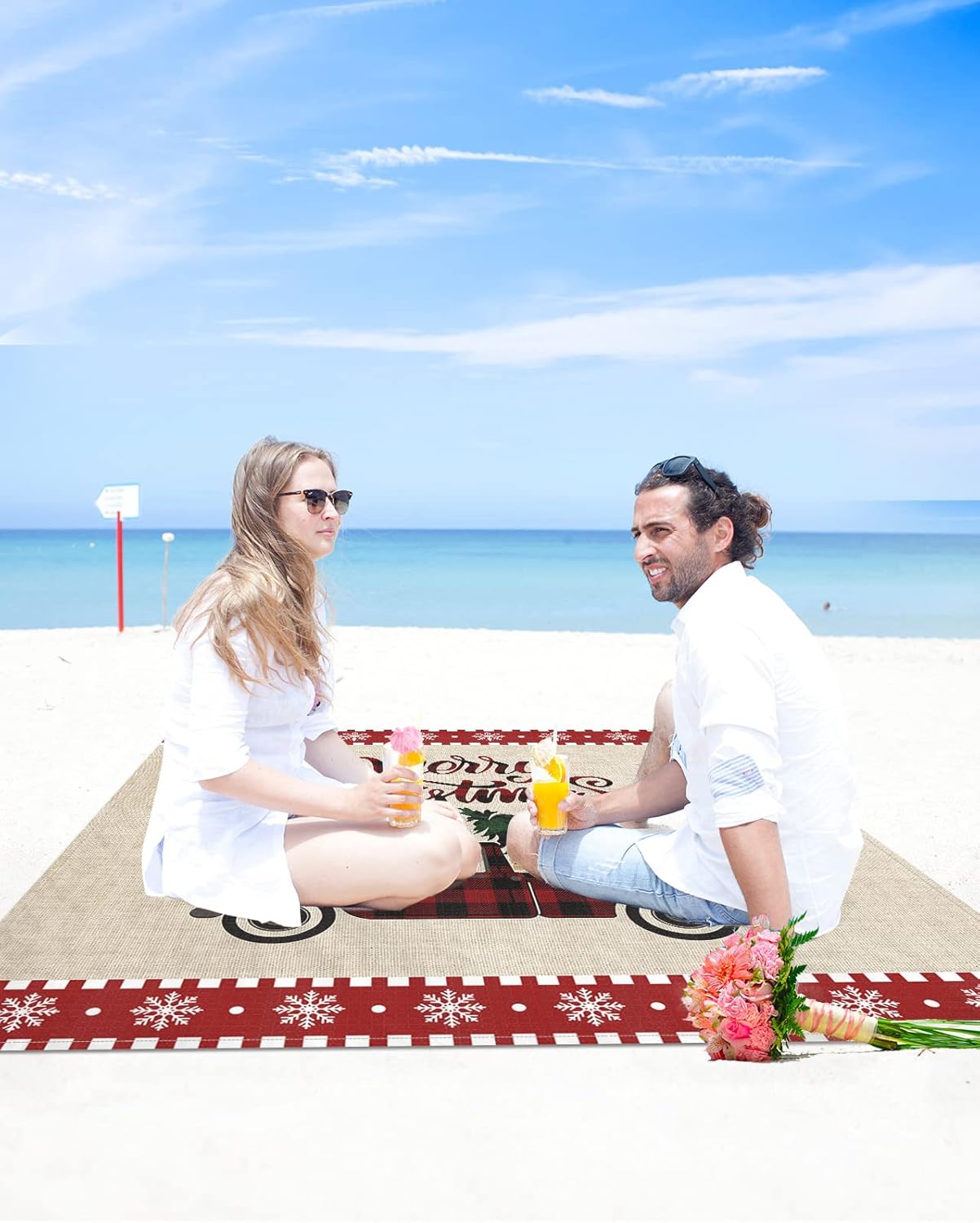 Farm Buffalo Truck Xmas Tree Beach Blanket Waterproof Sandproof Outdoor Picnic Mat 108"x84" Christmas White Snowflakes Lightweight Large Beaach Blankets with 4 Stake & 4 Corner Pockets