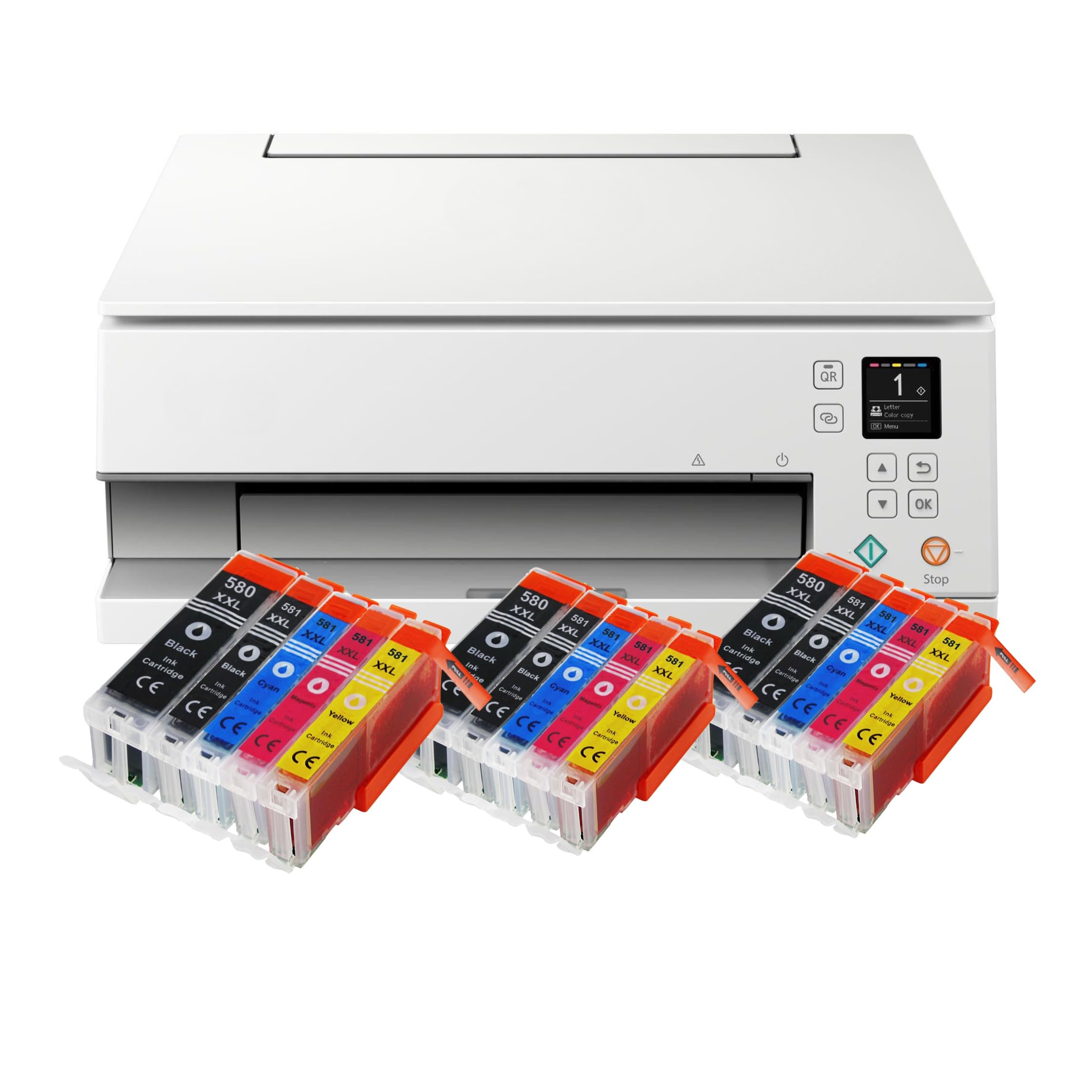 IC-Office TS6351a - Impresora multifunción de inyección de tinta a color 3 en 1 (impresora, escáner, fotocopiadora, USB, WiFi, Apple AirPrint), color blanco + 15 cartuchos de tinta XXL