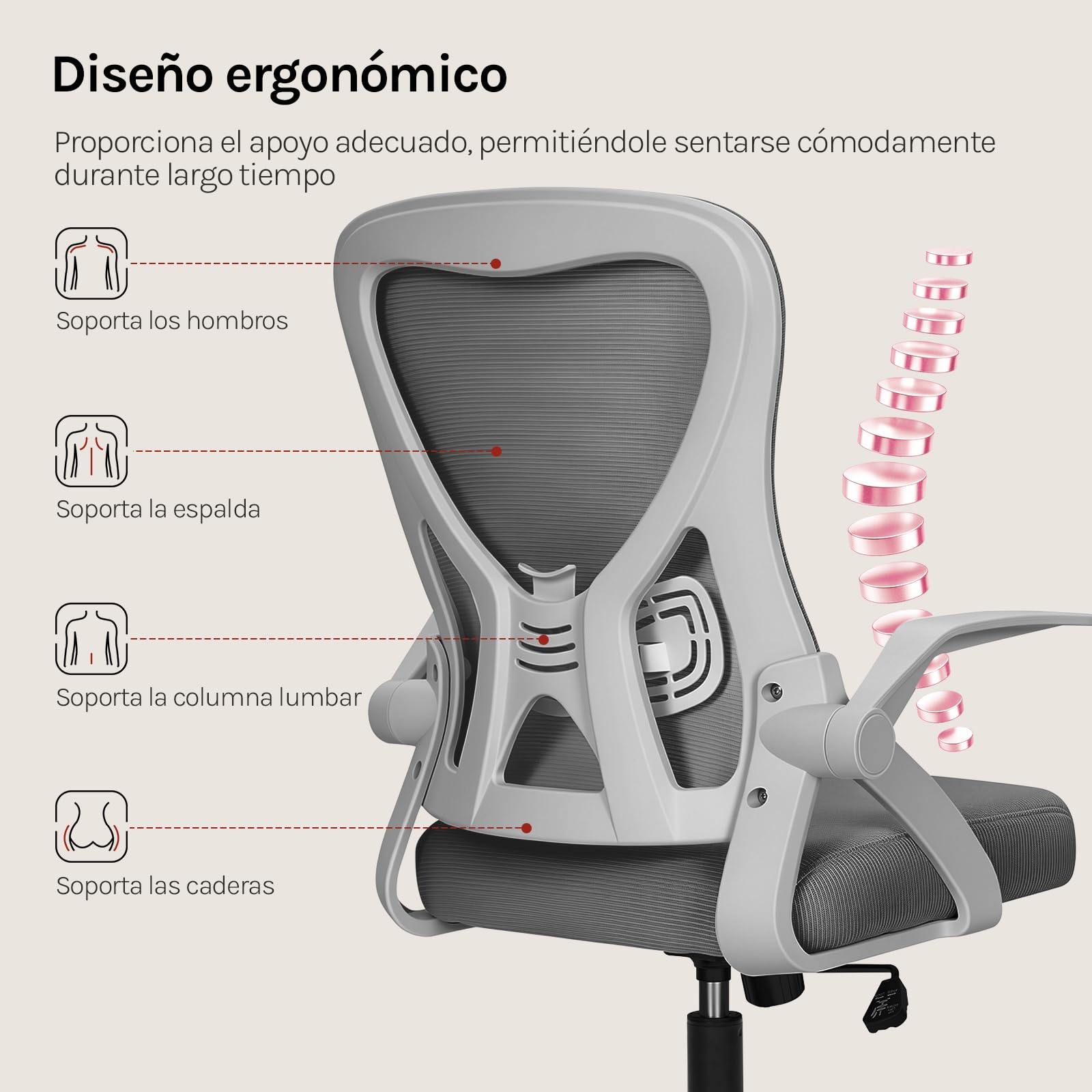 WOLTU Silla de Oficina Ergonómica, Silla de Escritorio, Gris | Soporte Lumbar y Ruedas, Función Oscilante y Giratoria de 360°, Altura y Reposabrazos Ajustable, para Estudio u Oficina