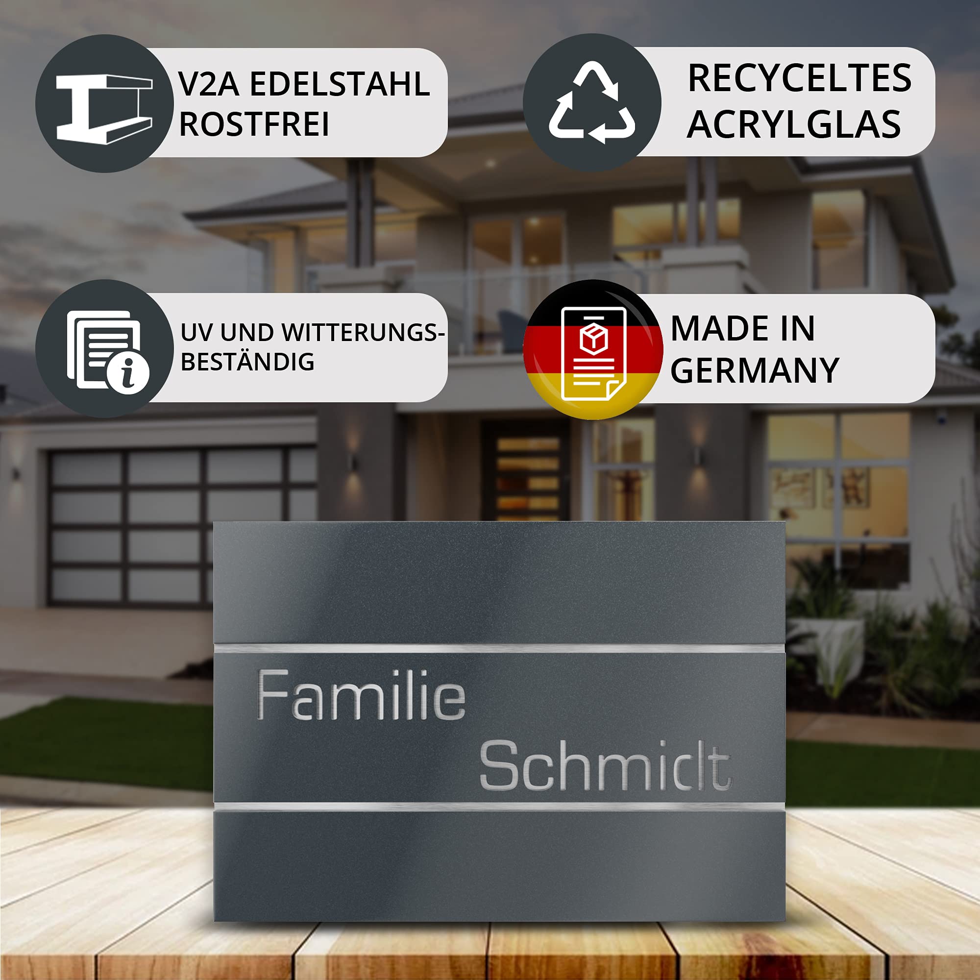 Türschild aus V2A Edelstahl 250x175mm - Anthrazit Metallic - Wetterfest Rostfrei Individuell anpassbar - Made in Germany
