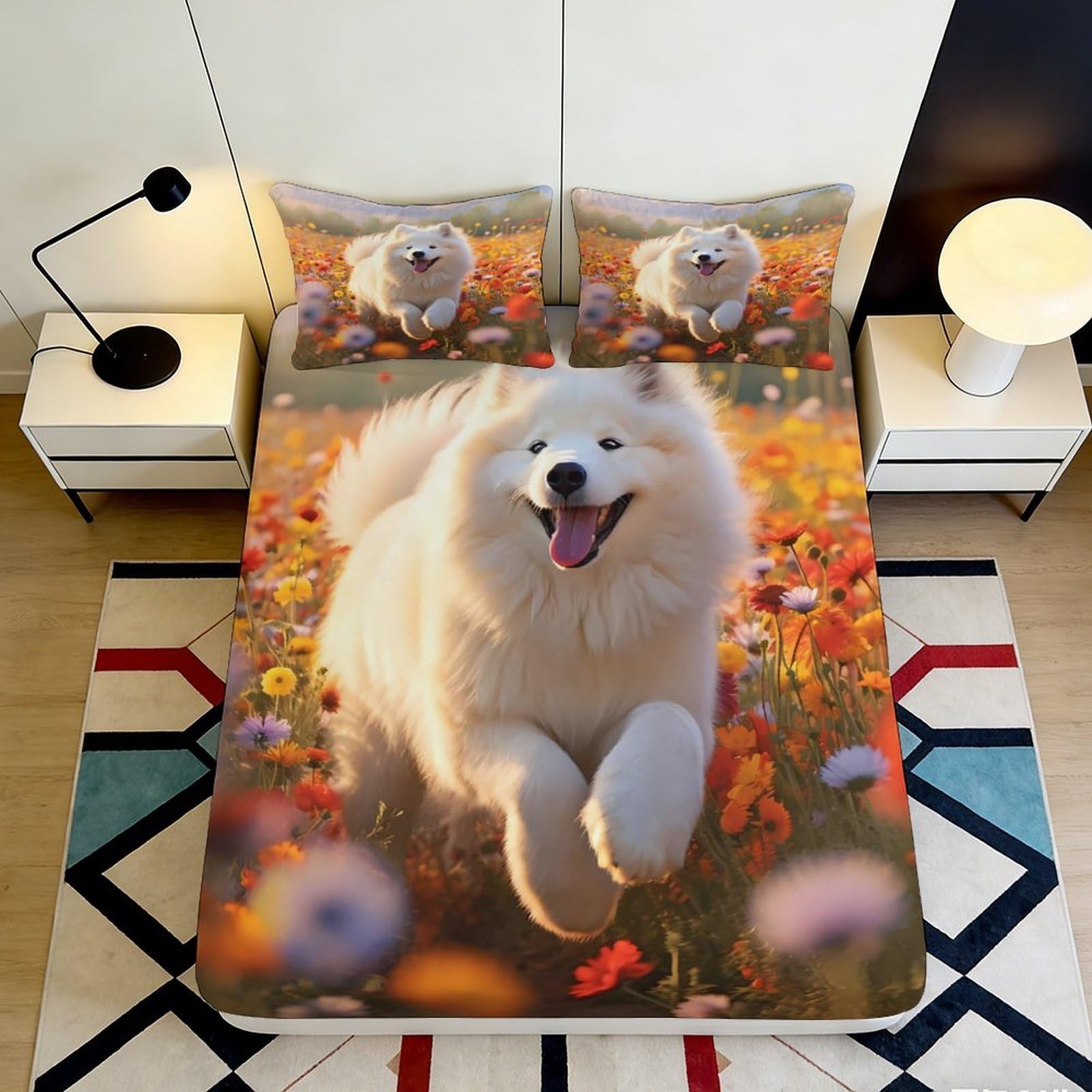 3D Printed White Samoyed Dog Fitted Sheet Microfiber Soft Anti-Slip Floral Field Mattress Cover for Bedroom Decor 120x200x25cm