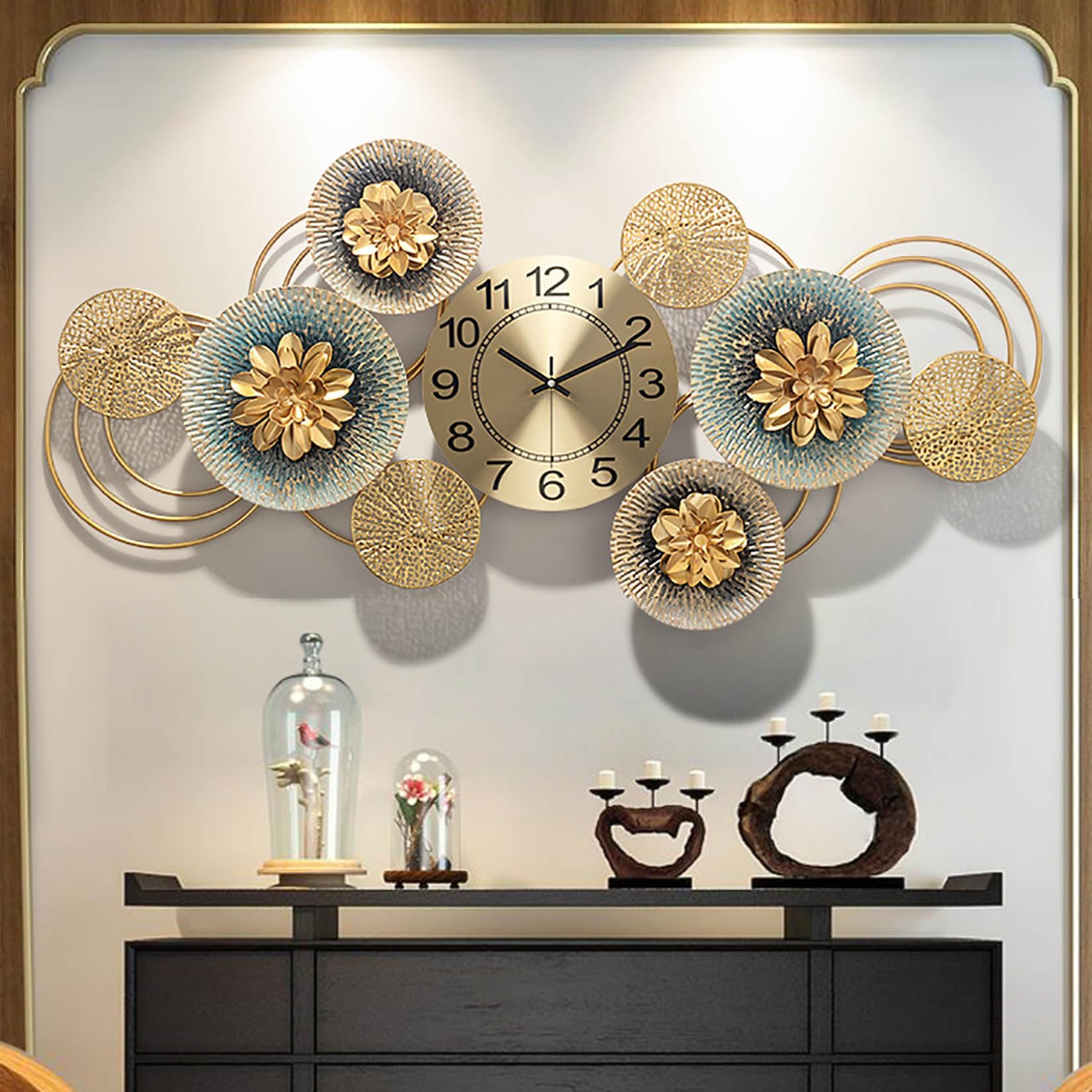SYLUOQP Extra Large Wall Clock for Living Room Modern Wall Decor,86cm Gold Flower Silent Wall Clocks Metal Wall Art for Bedroom Kitchen Office,A