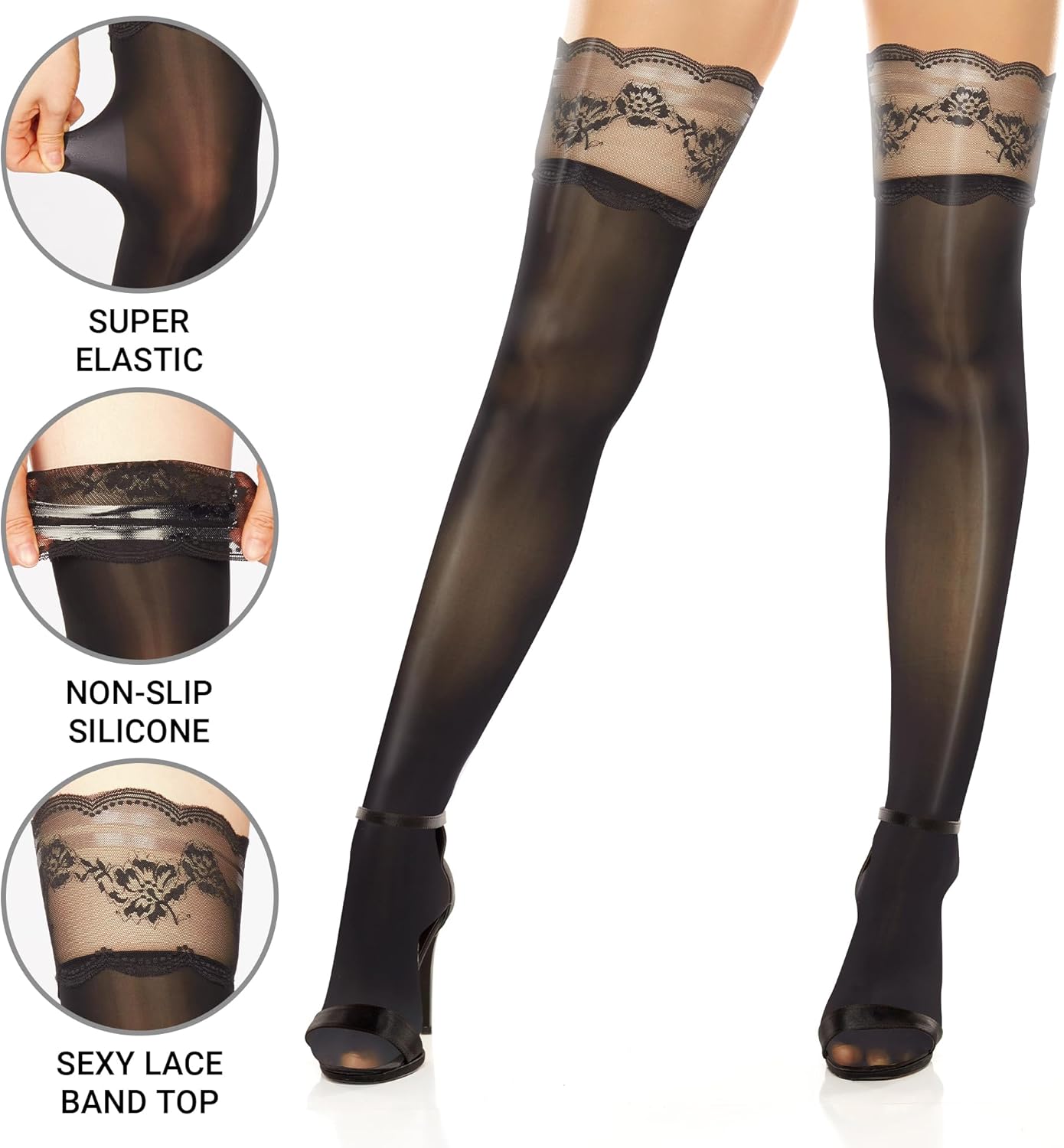 Benefeet Sox Shiny Thigh High Stockings Non-slip Silicone Lace Top Shimmery Sheer Tights Pantyhose 8 Denier - Image 3