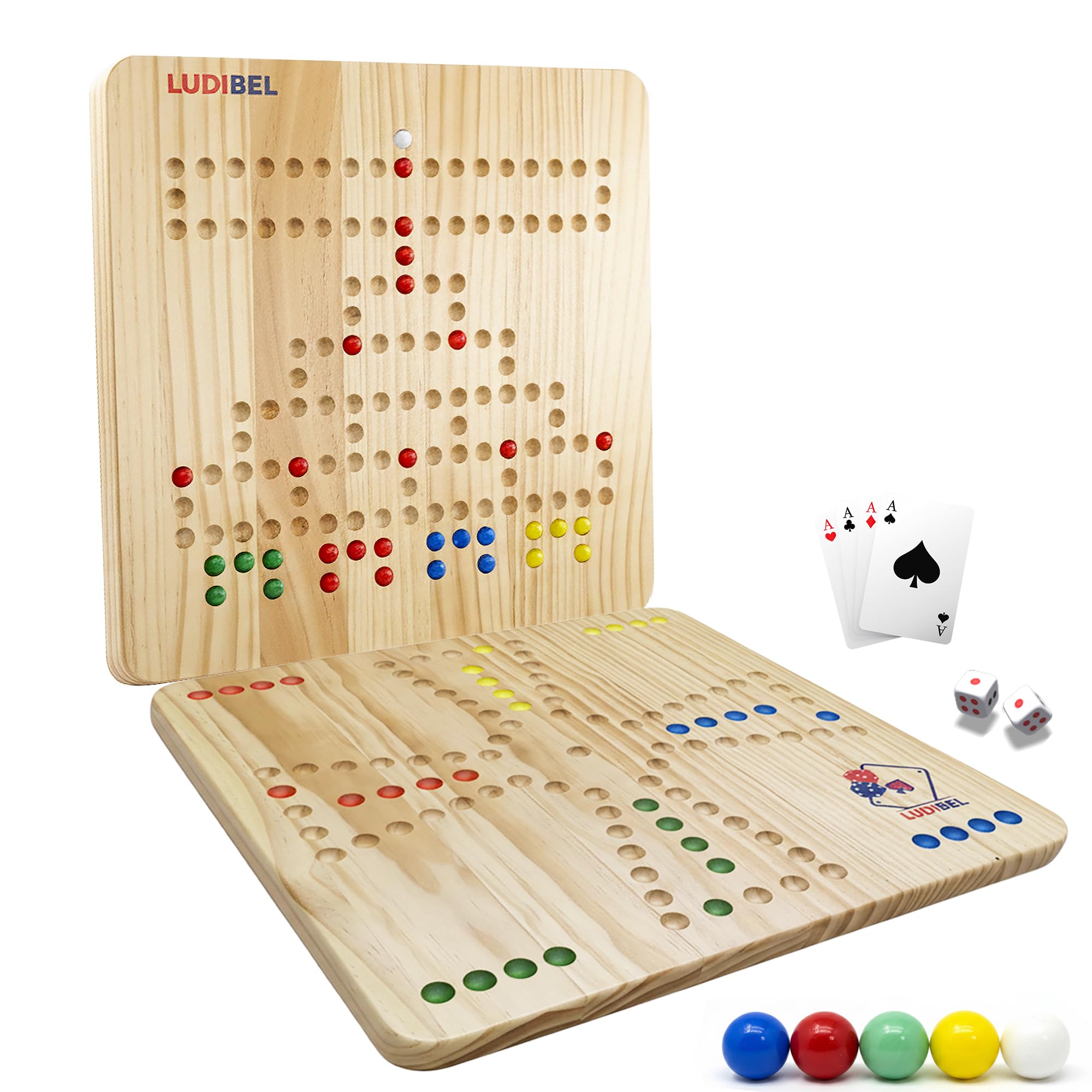 Drewniana gra planszowa Tock, Ludo, Dada, Jackaroo, Małe konie i barykady - 4 graczy - odwracalna plansza 40 × 40 cm - Rodzina, dzieci, dorośli - kulki, karty, kości, broszura