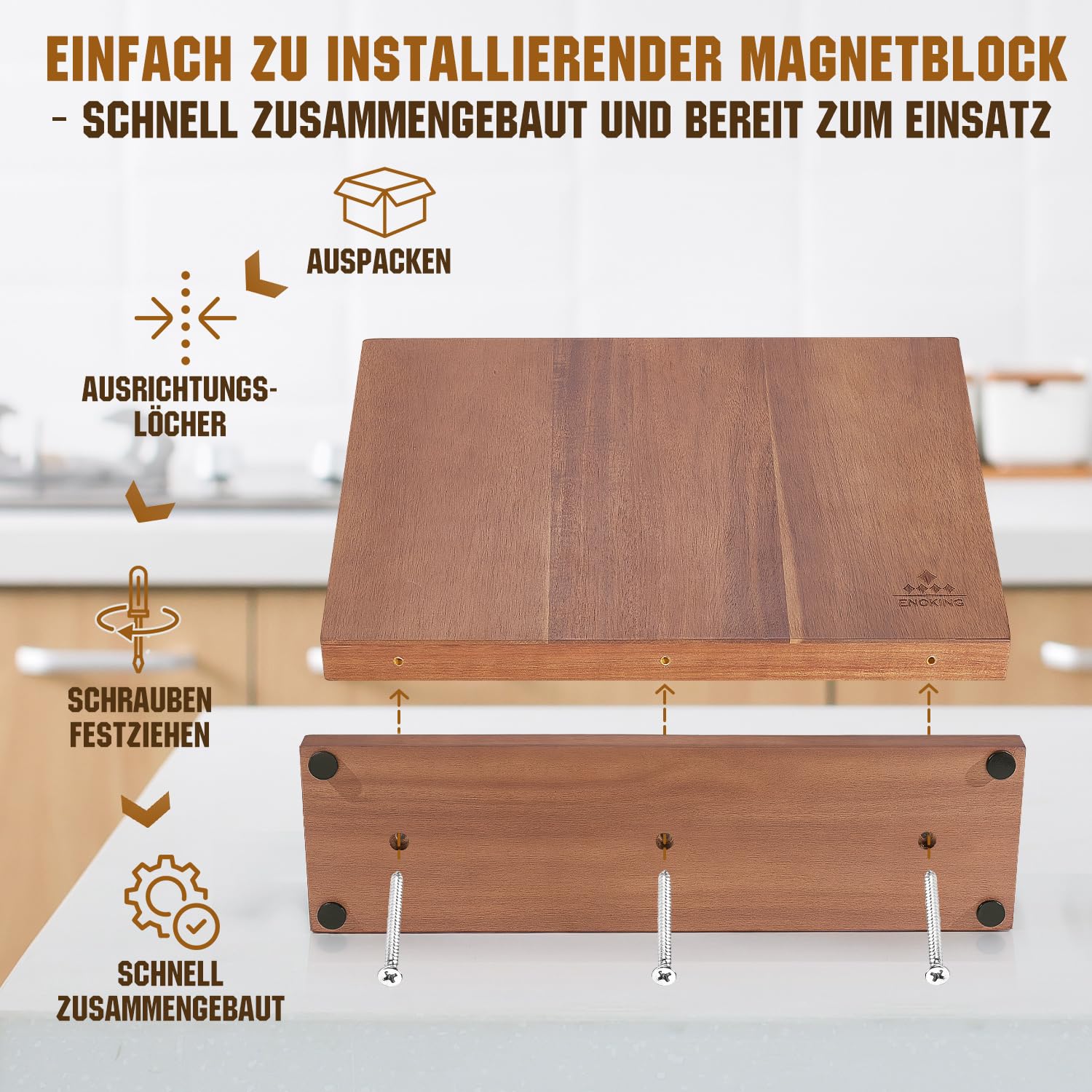 ENOKING Spitzenklasse Plus Messerblock Magnetisch Ohne Messer 38.6 x 23 cm, Doppelseitiger Magnet Messerhalter aus Akazienholz, Magnetischer Messerblock für Besteck-Display und Aufbewahrung